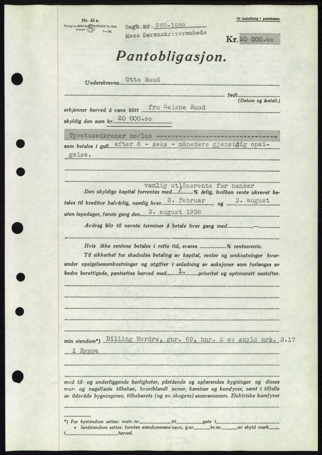 Moss sorenskriveri, AV/SAO-A-10168: Mortgage book no. B5, 1938-1938, Diary no: : 260/1938