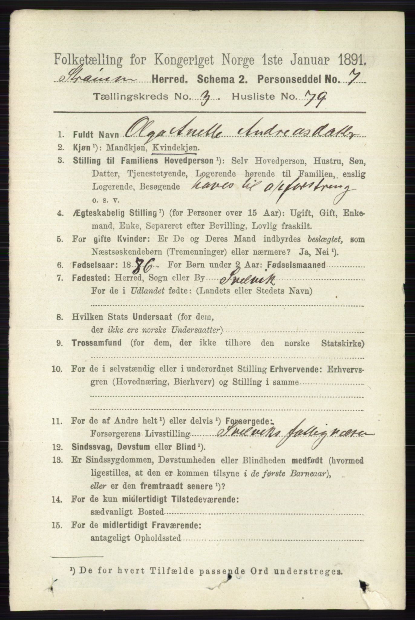 RA, 1891 census for 0711 Strømm, 1891, p. 1508