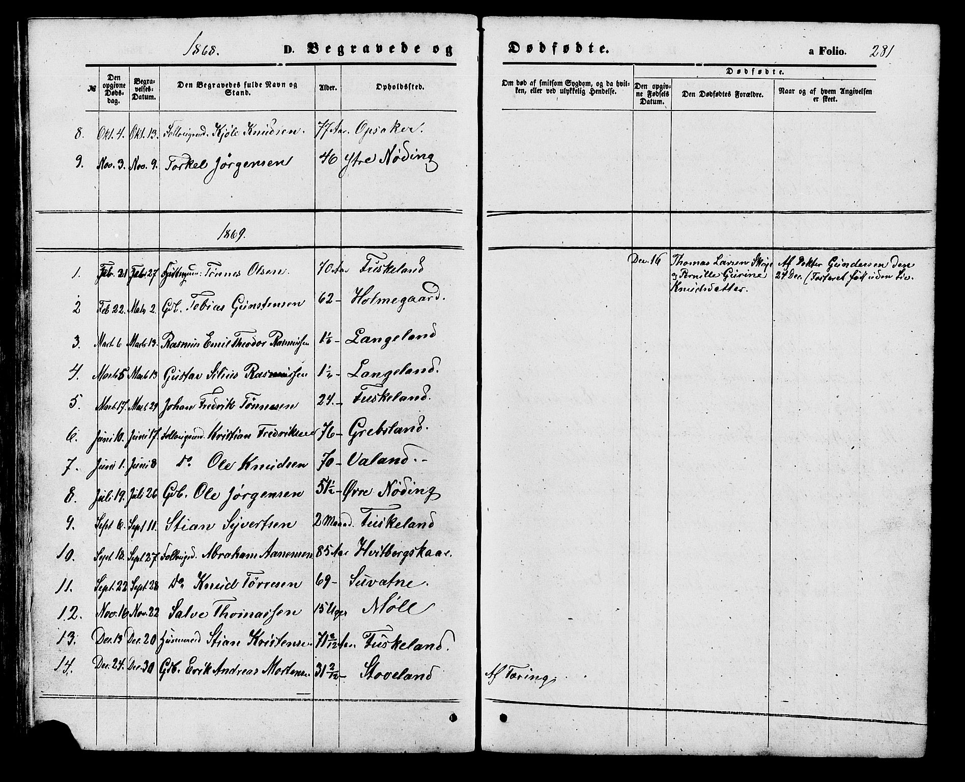 Holum sokneprestkontor, AV/SAK-1111-0022/F/Fb/Fba/L0004: Parish register (copy) no. B 4, 1867-1890, p. 281