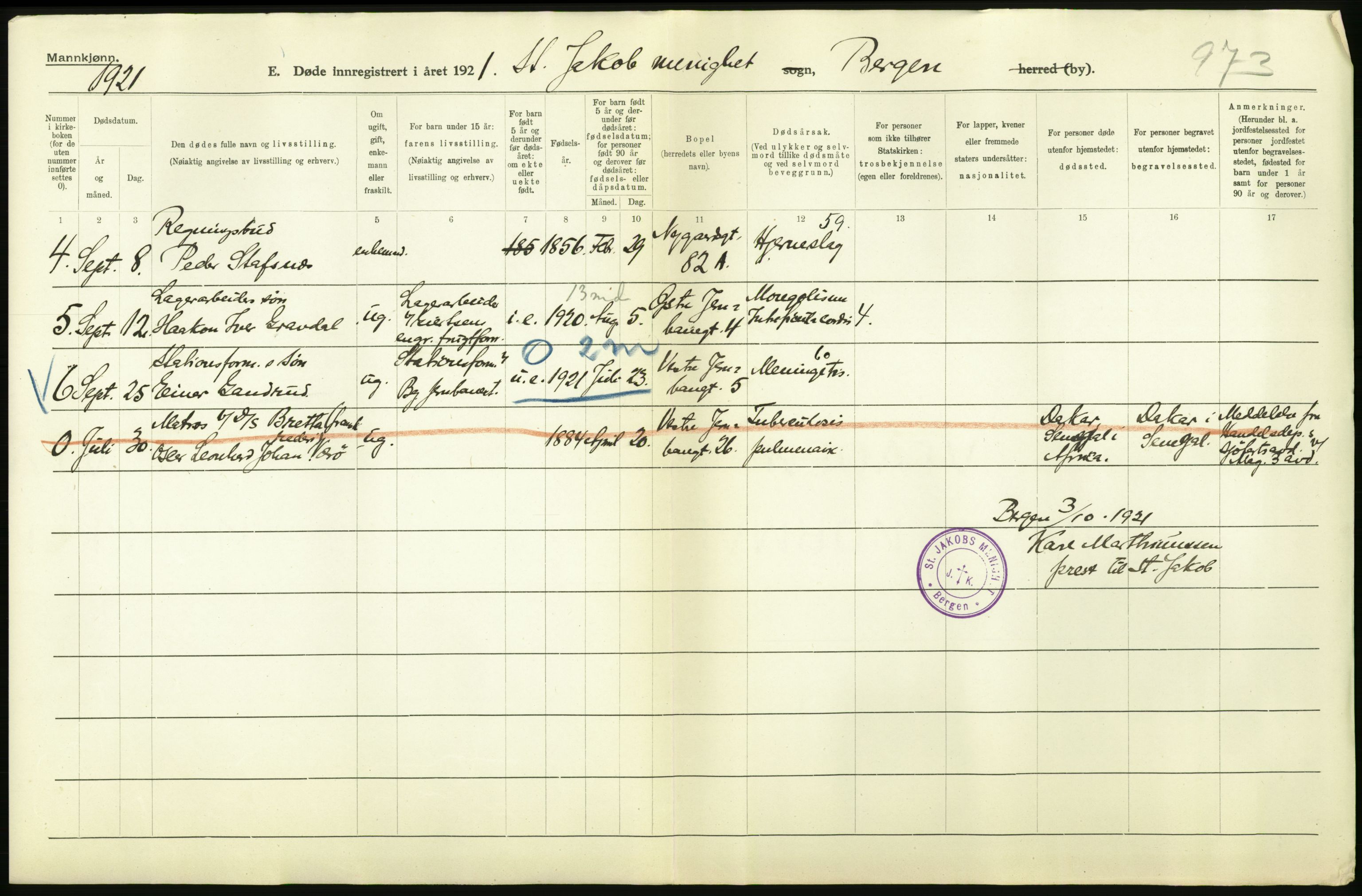 Statistisk sentralbyrå, Sosiodemografiske emner, Befolkning, AV/RA-S-2228/D/Df/Dfc/Dfca/L0036: Bergen: Døde., 1921, p. 200