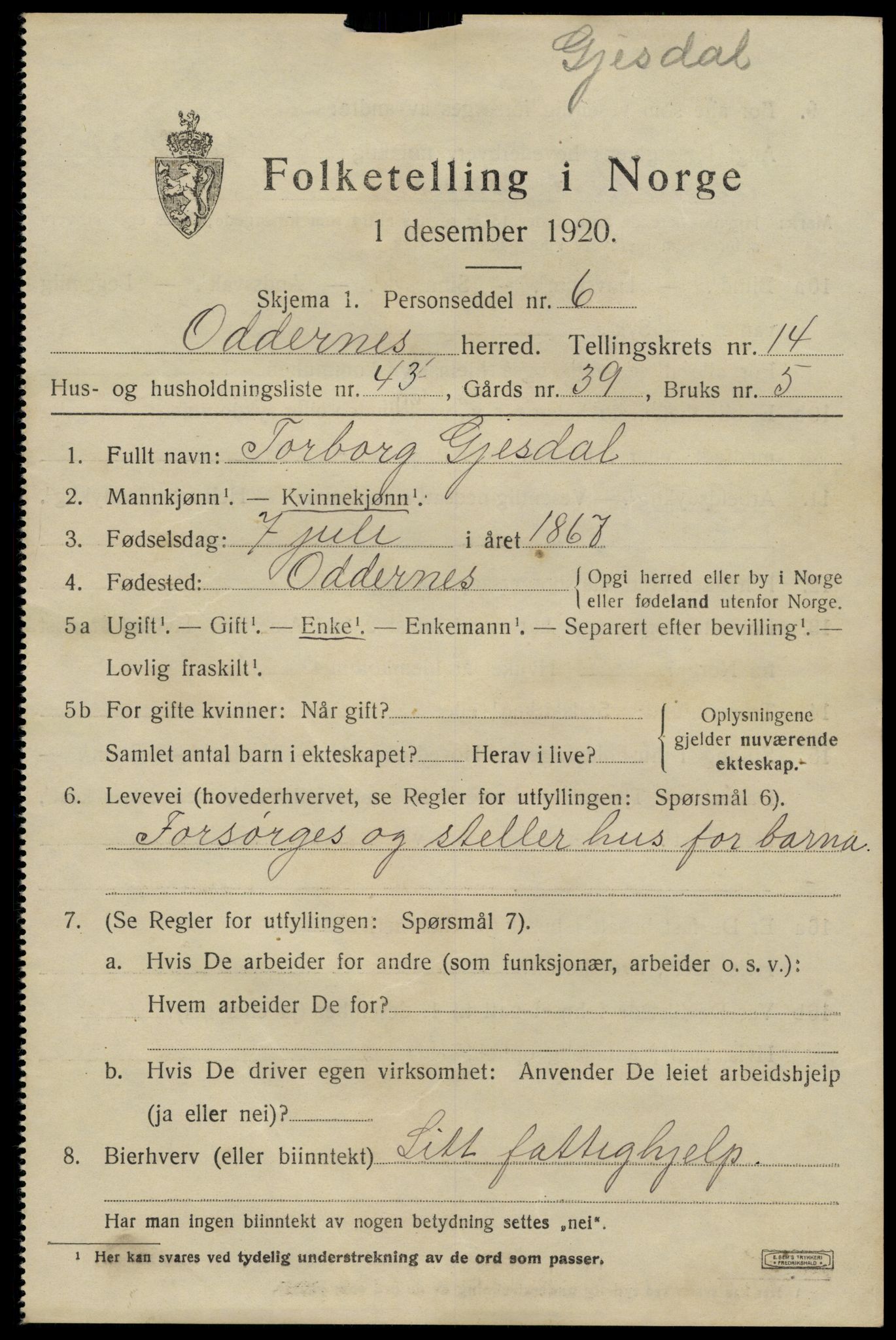 SAK, 1920 census for Oddernes, 1920, p. 8967