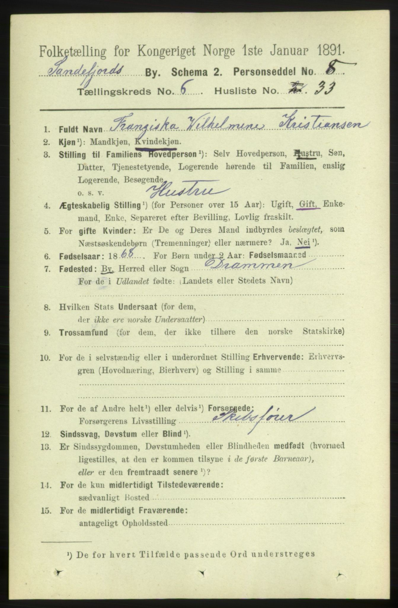 RA, 1891 census for 0706 Sandefjord, 1891, p. 2721