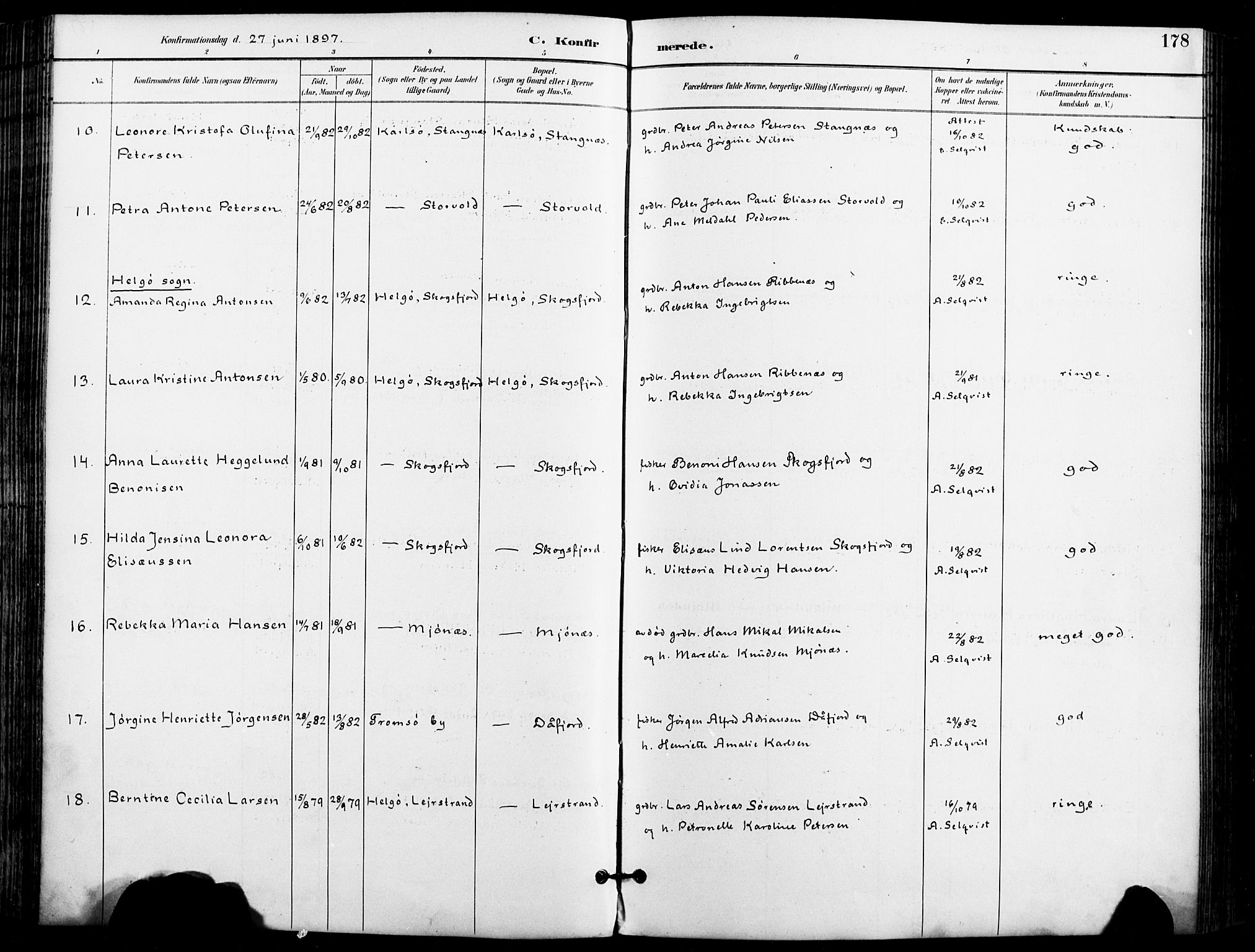 Karlsøy sokneprestembete, AV/SATØ-S-1299/H/Ha/Haa/L0007kirke: Parish register (official) no. 7, 1891-1902, p. 178