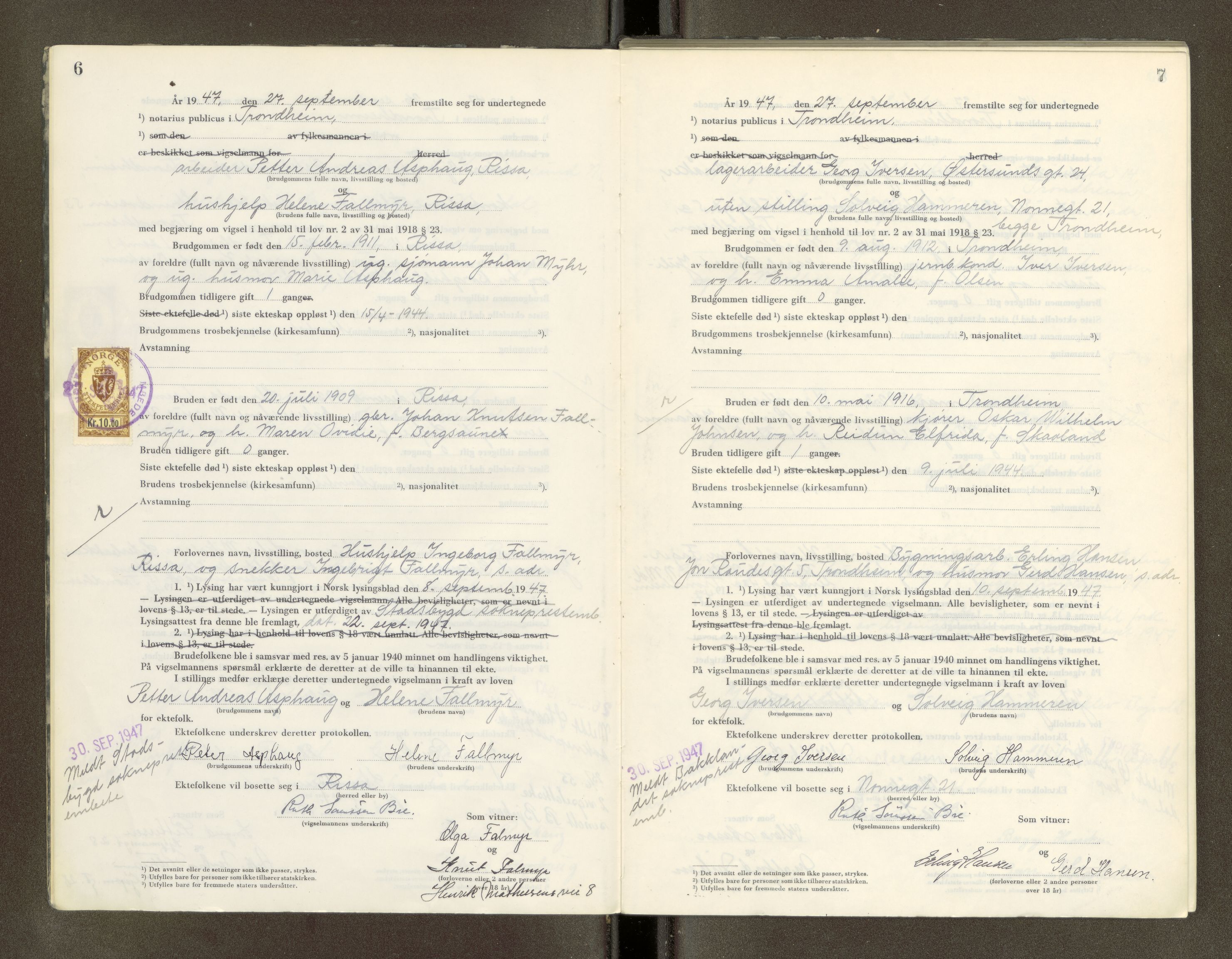Trondheim byfogd, AV/SAT-A-0003/1/6/6D/L0005: Vigselbøker, 1944-1948, p. 6-7