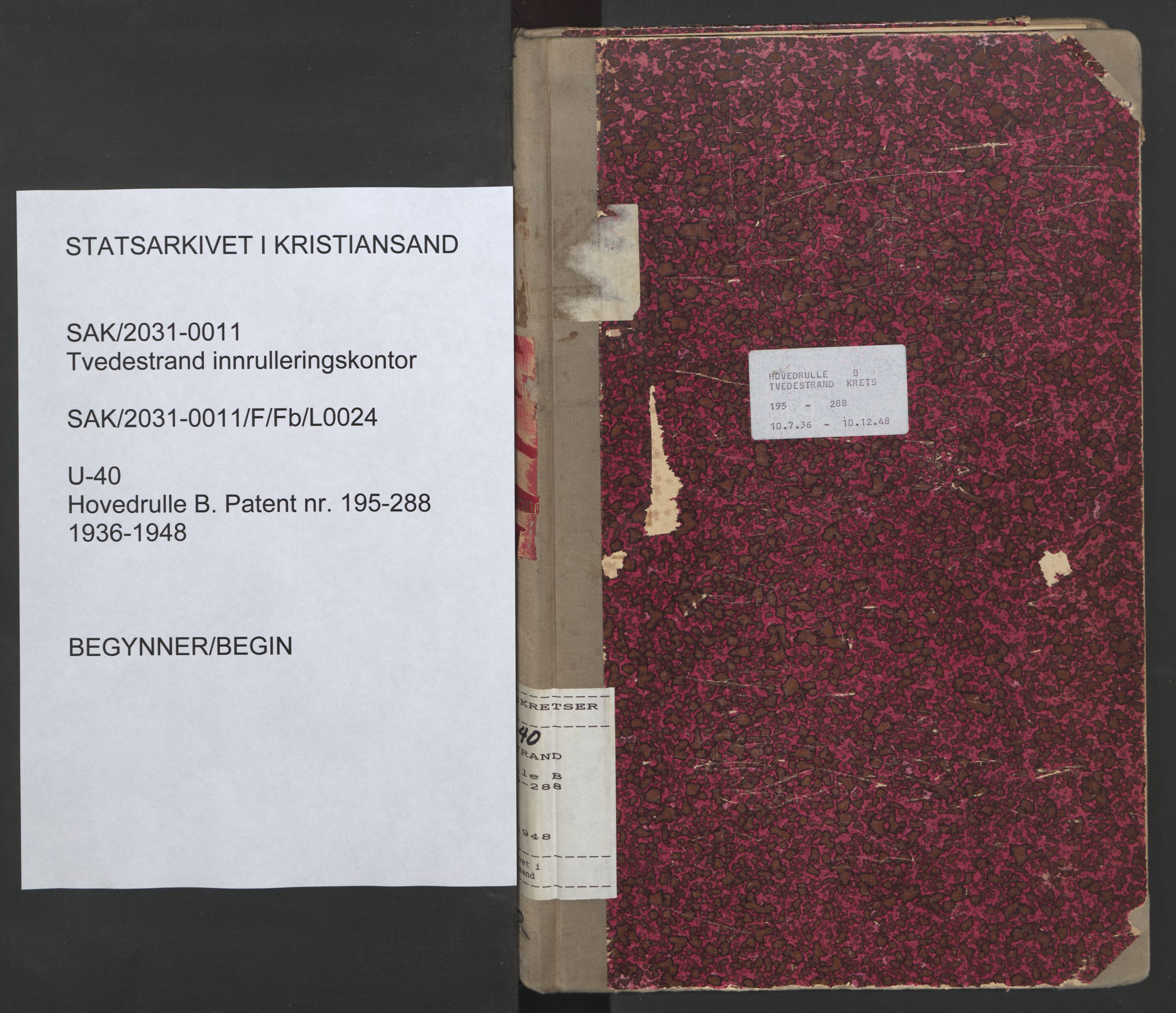 Tvedestrand mønstringskrets, SAK/2031-0011/F/Fb/L0024: Hovedrulle B nr 195-288, U-40, 1936-1948, p. 1