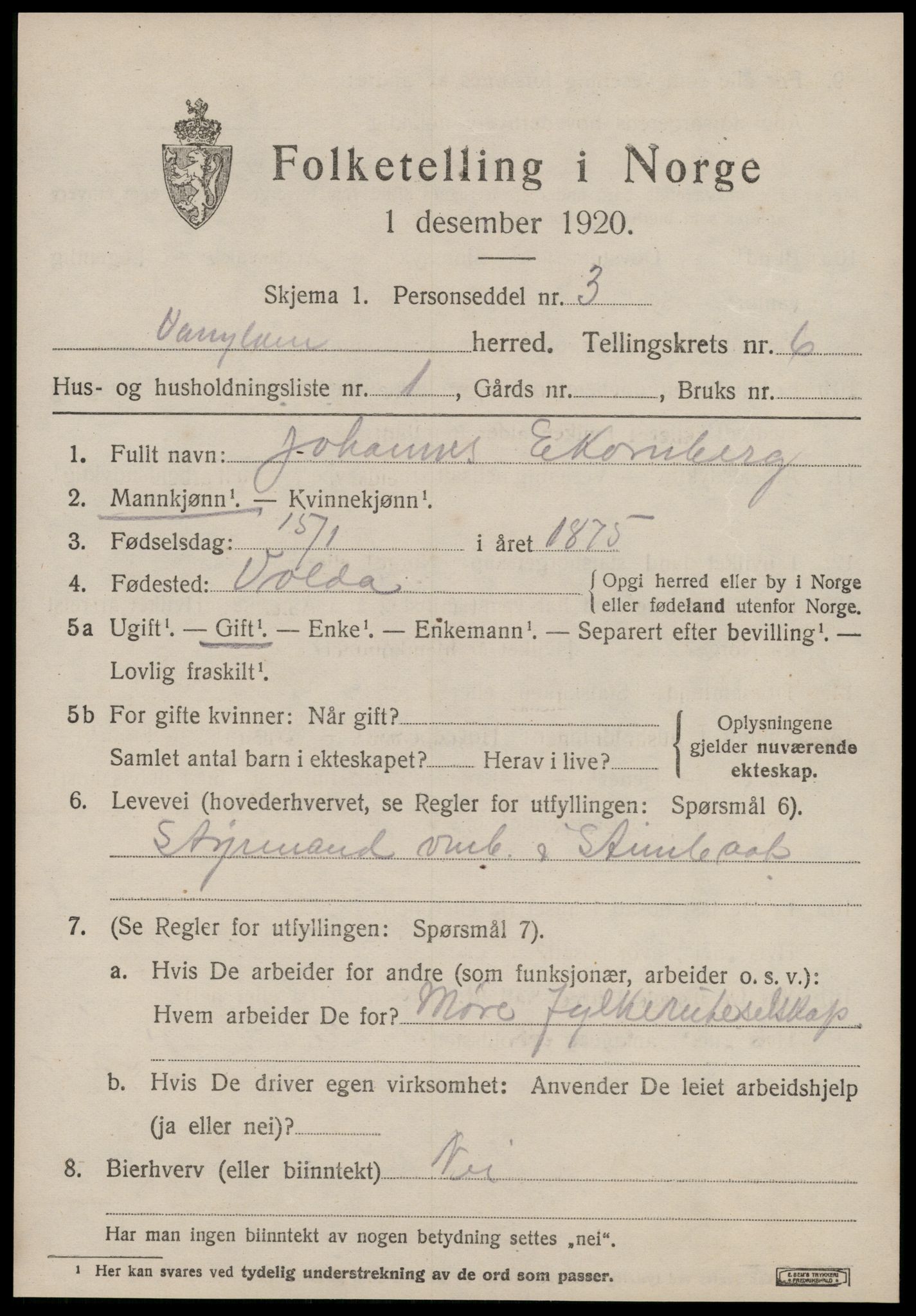 SAT, 1920 census for Vanylven, 1920, p. 3277