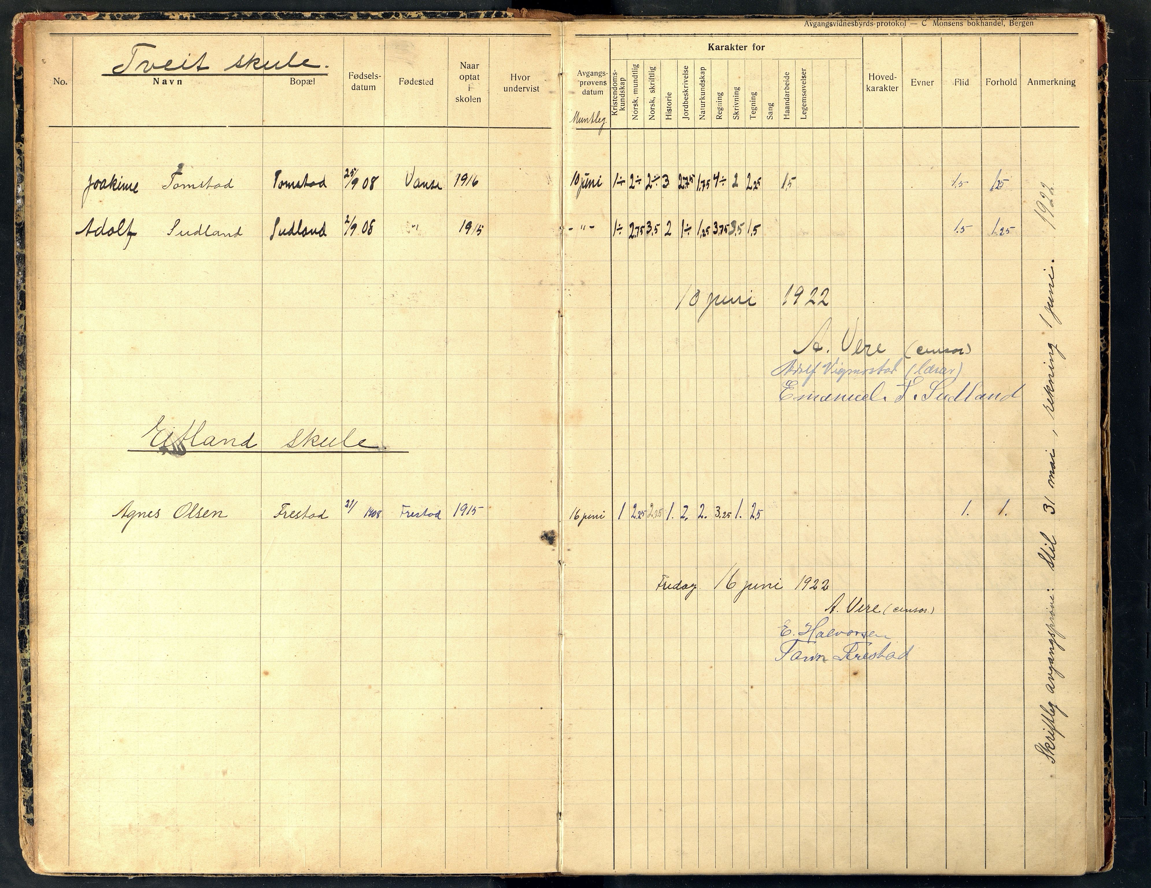 Lista kommune - Skolekommisjonen/Skolestyret, IKAV/1003LI510/G/L0006: Eksamensprotokoll, 1922-1930