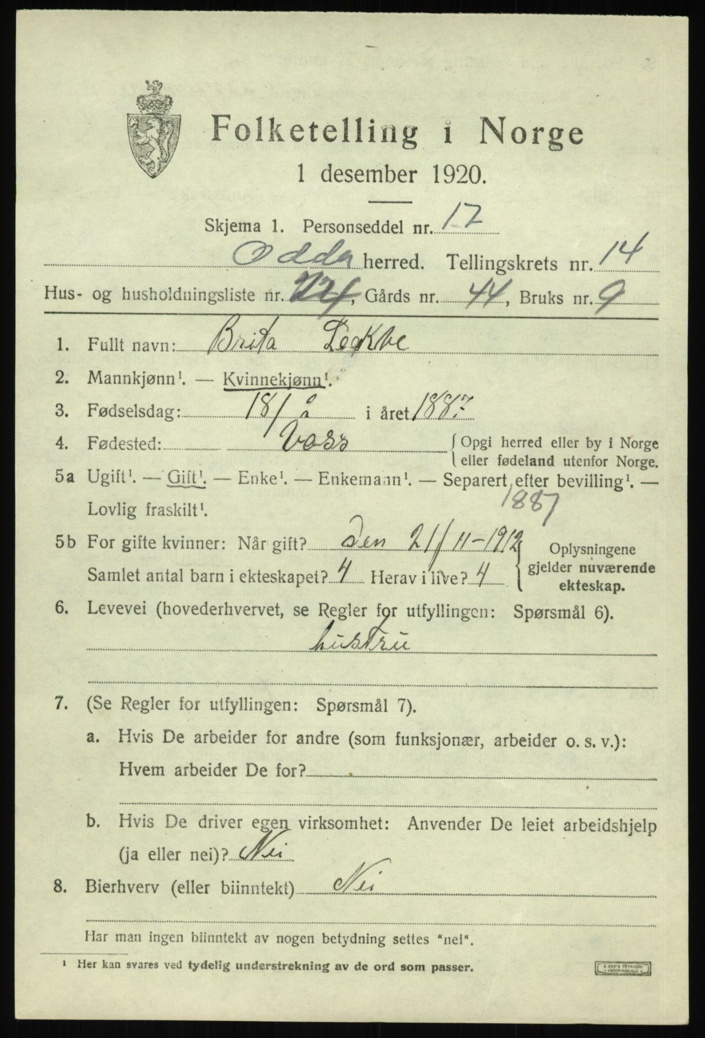 SAB, 1920 census for Odda, 1920, p. 12337