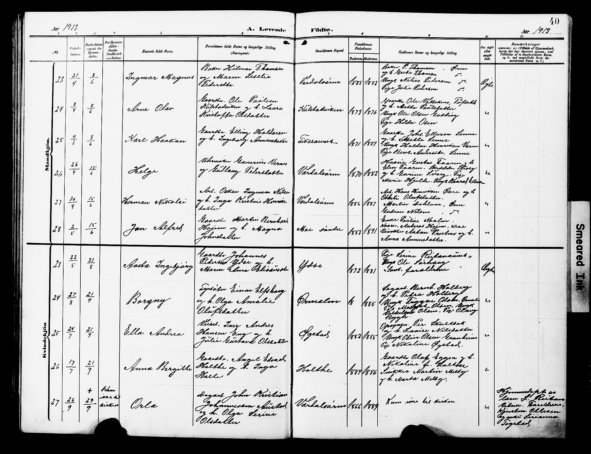 Ministerialprotokoller, klokkerbøker og fødselsregistre - Nord-Trøndelag, SAT/A-1458/723/L0258: Parish register (copy) no. 723C06, 1908-1927, p. 40
