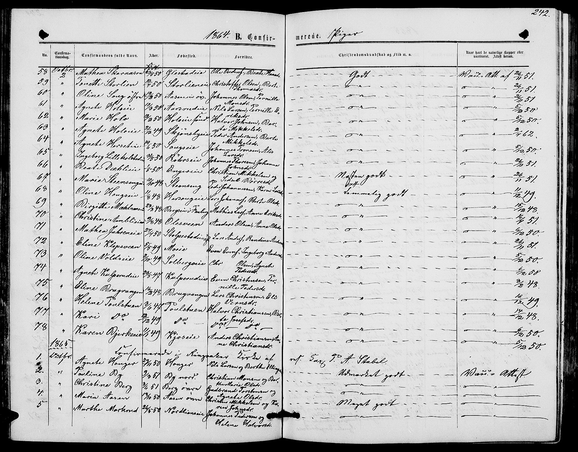 Ringsaker prestekontor, AV/SAH-PREST-014/L/La/L0007: Parish register (copy) no. 7, 1861-1869, p. 242