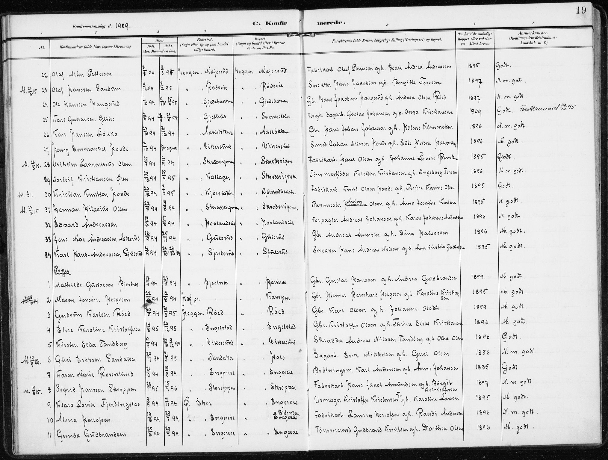 Modum kirkebøker, SAKO/A-234/F/Fa/L0014b: Parish register (official) no. 14B, 1906-1917, p. 19