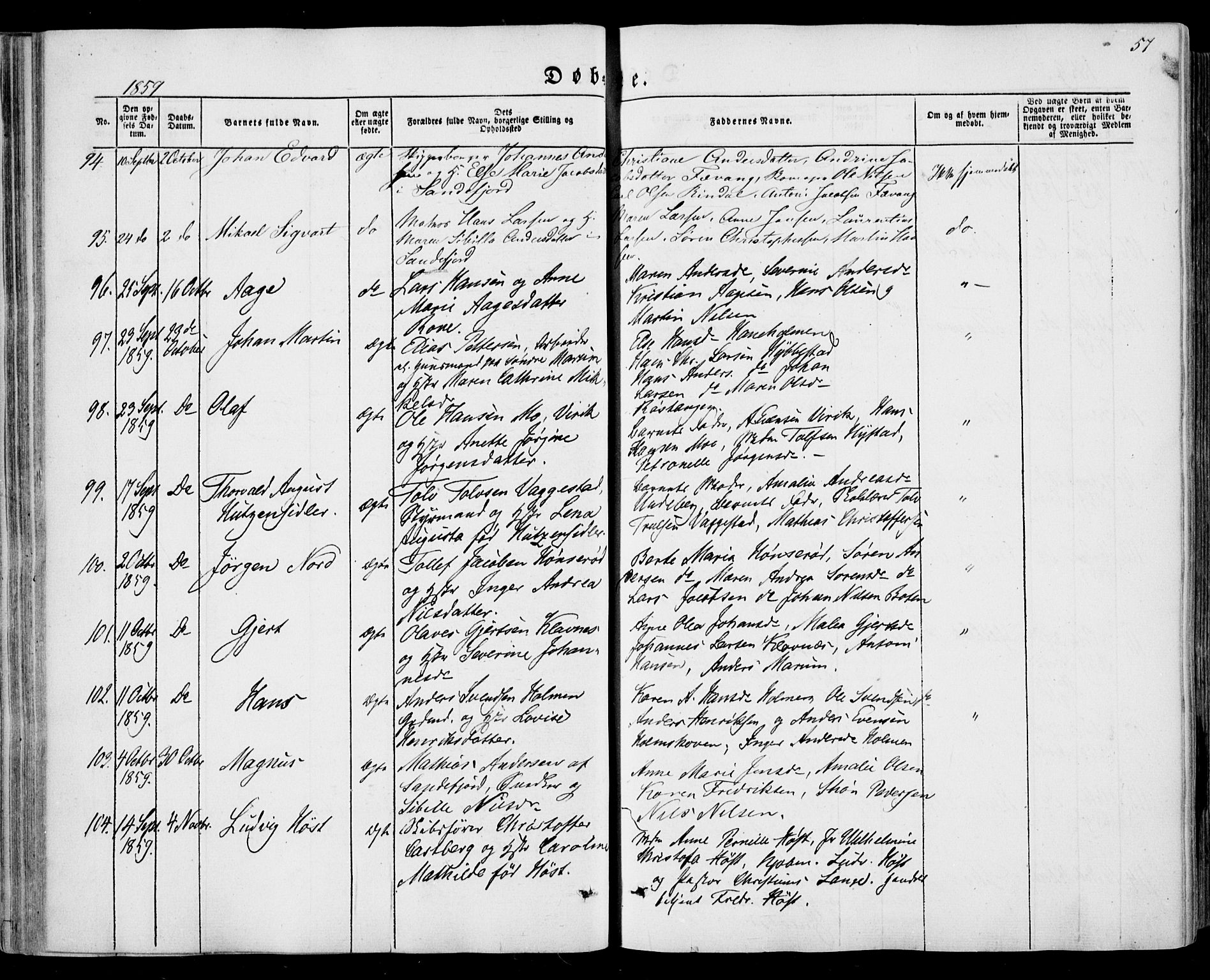 Sandar kirkebøker, SAKO/A-243/F/Fa/L0007: Parish register (official) no. 7, 1855-1861, p. 57
