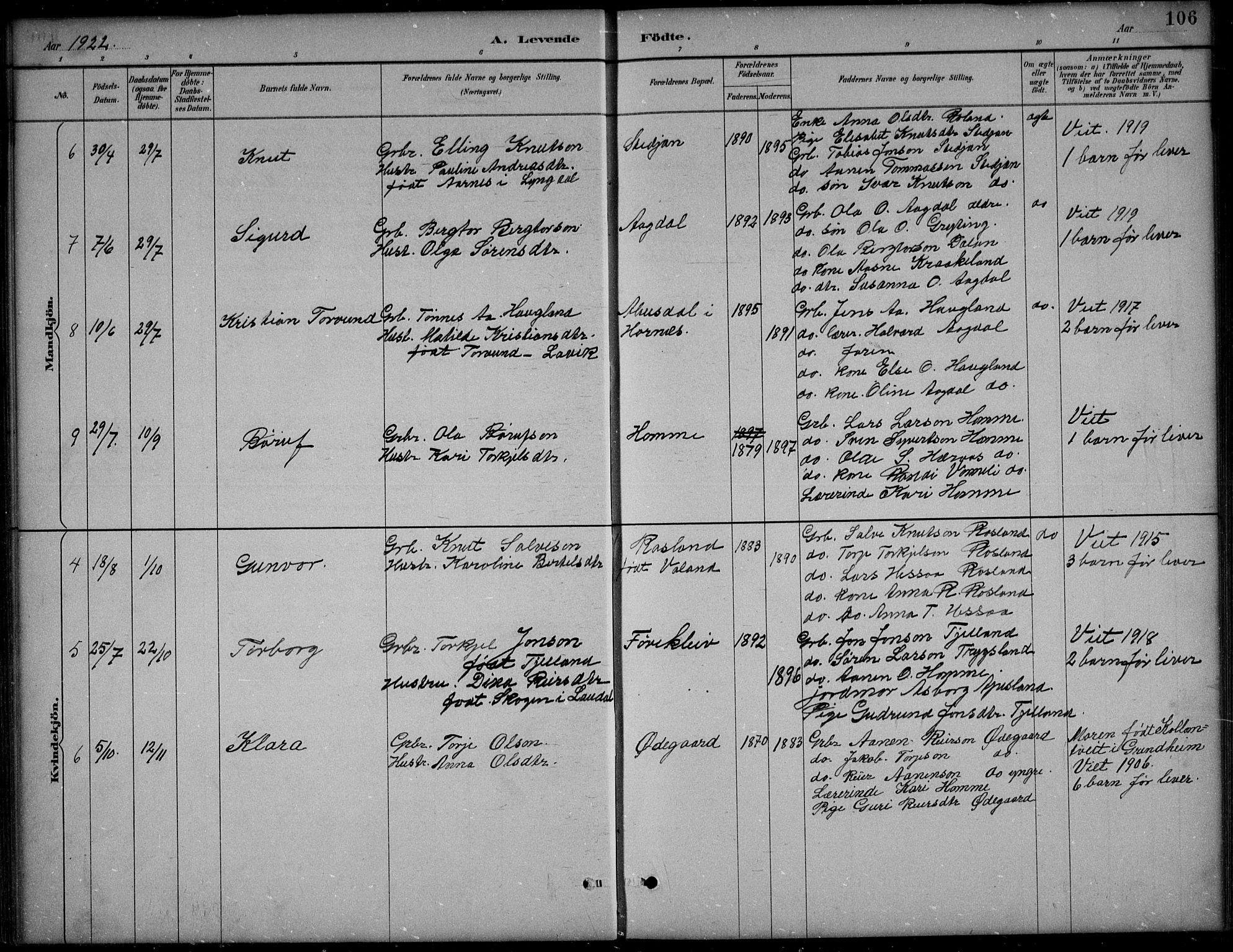 Bjelland sokneprestkontor, AV/SAK-1111-0005/F/Fb/Fba/L0005: Parish register (copy) no. B 5, 1887-1923, p. 106