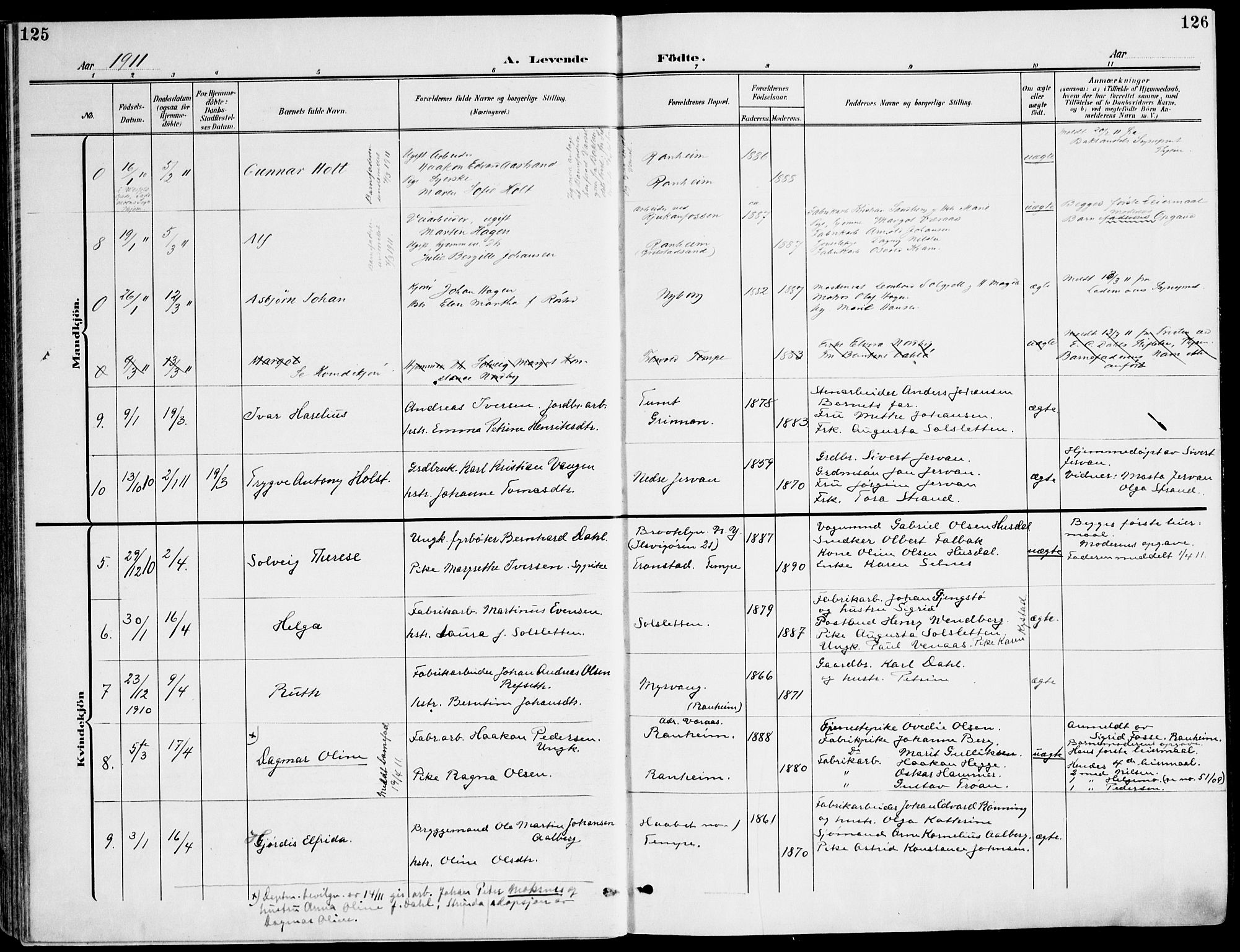 Ministerialprotokoller, klokkerbøker og fødselsregistre - Sør-Trøndelag, AV/SAT-A-1456/607/L0320: Parish register (official) no. 607A04, 1907-1915, p. 125-126