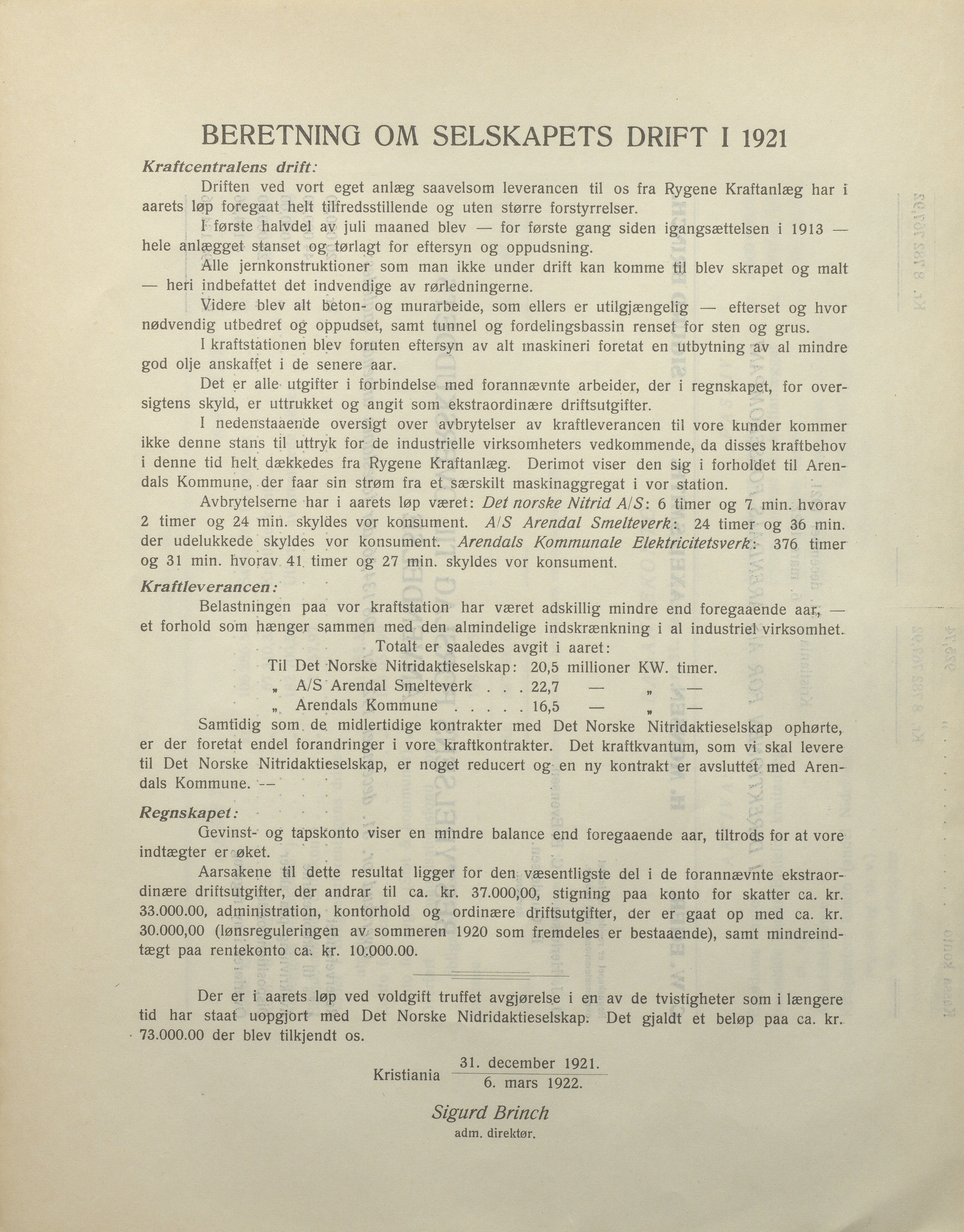 Arendals Fossekompani, AAKS/PA-2413/X/X01/L0001/0008: Beretninger, regnskap, balansekonto, gevinst- og tapskonto / Årsberetning og regnskap 1919 - 1927, 1919-1927, p. 10