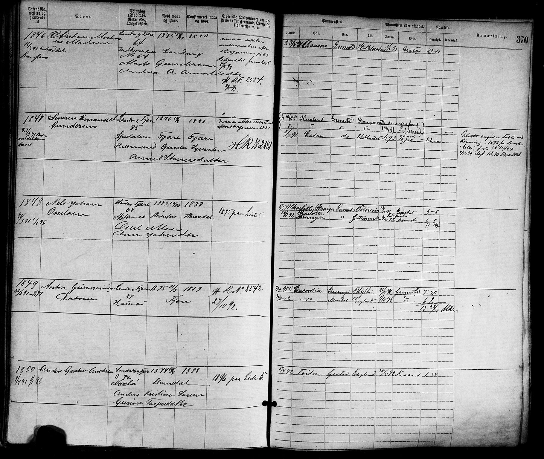 Grimstad mønstringskrets, AV/SAK-2031-0013/F/Fa/L0001: Annotasjonsrulle nr 1-1920 med register, F-1, 1870-1892, p. 405