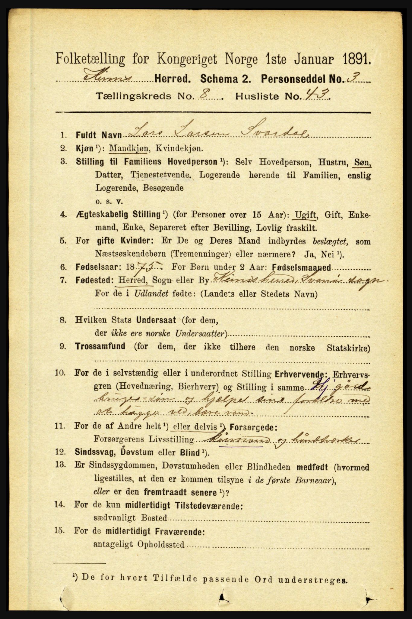 RA, 1891 census for 1437 Kinn, 1891, p. 3378
