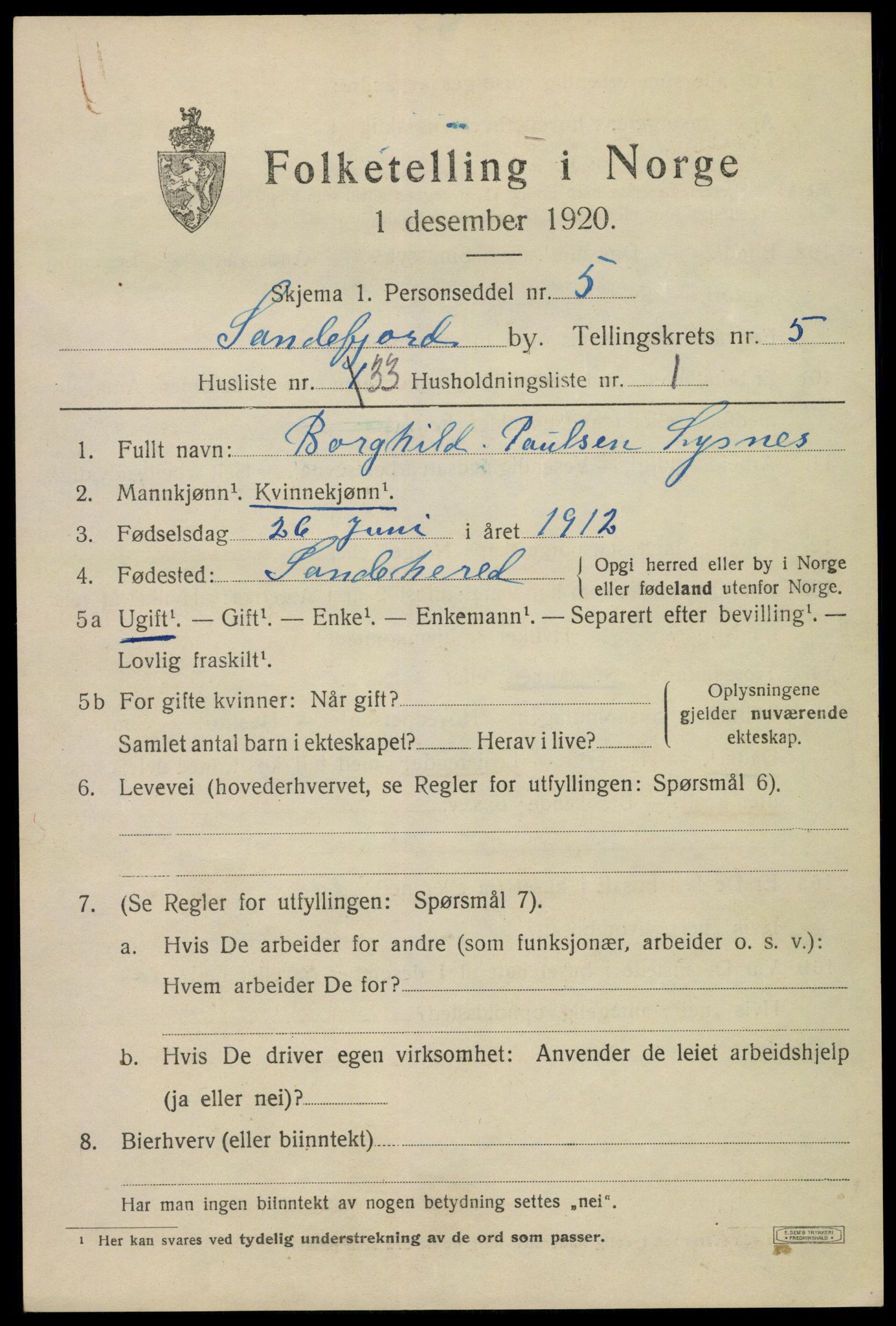 SAKO, 1920 census for Sandefjord, 1920, p. 9048