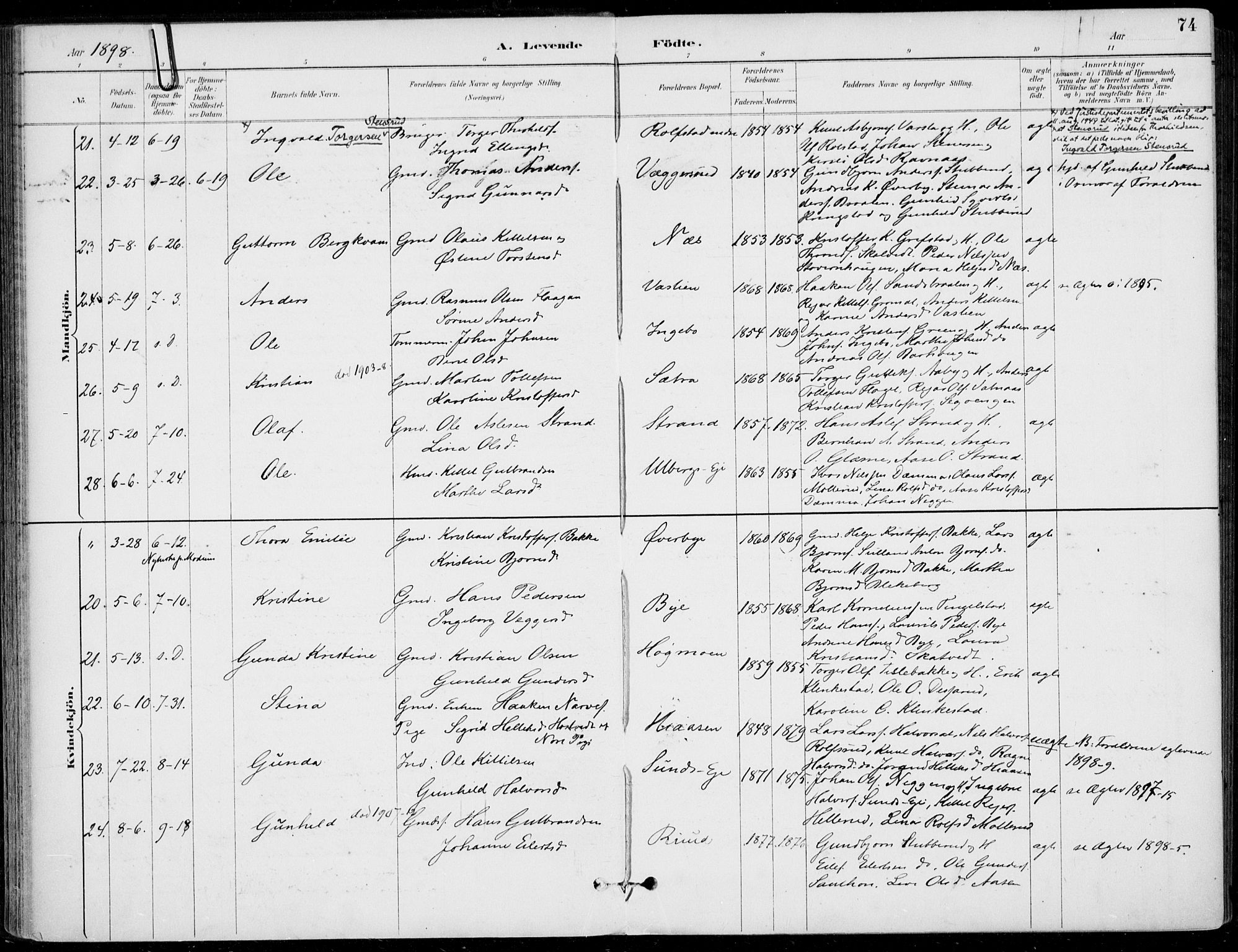 Sigdal kirkebøker, AV/SAKO-A-245/F/Fb/L0001: Parish register (official) no. II 1, 1888-1900, p. 74