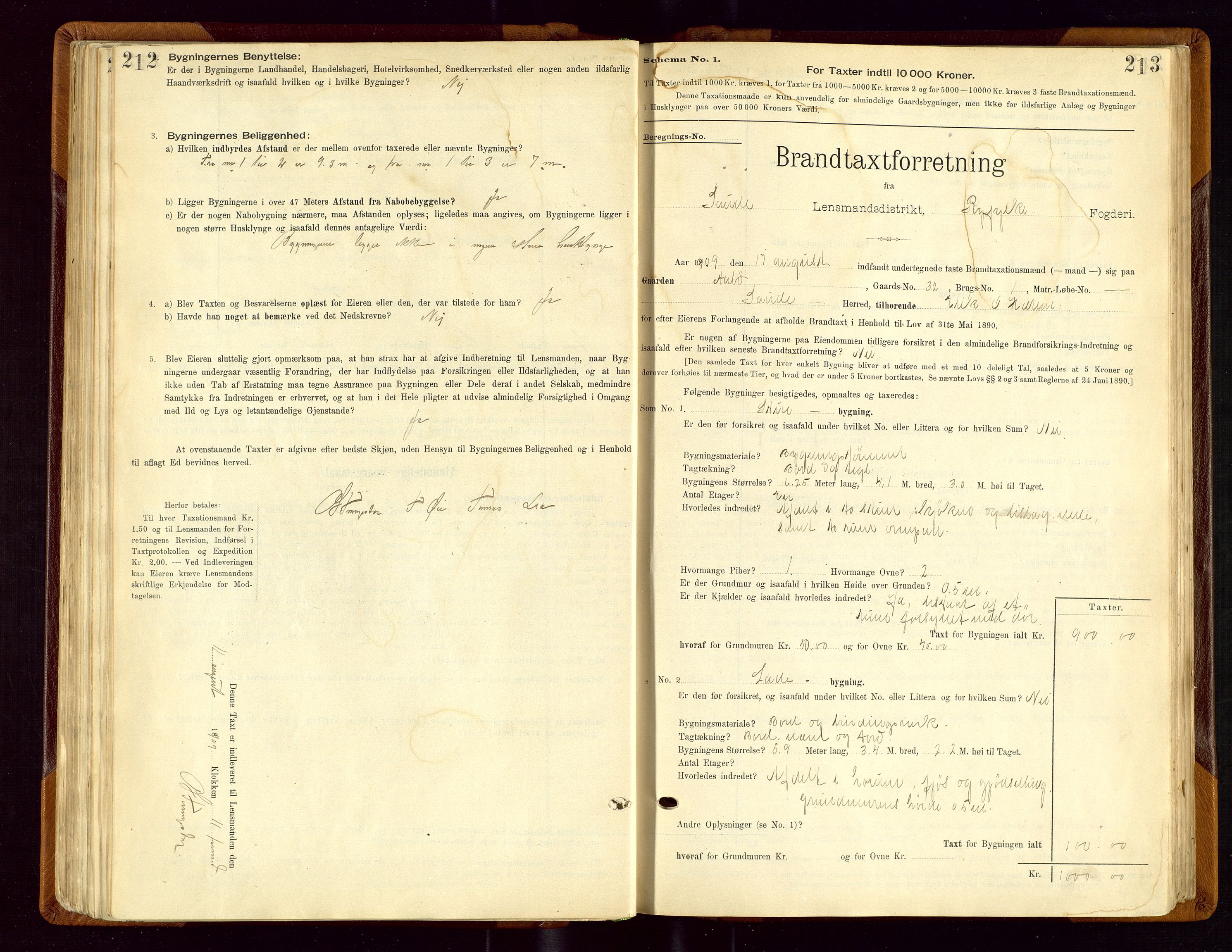 Sauda lensmannskontor, AV/SAST-A-100177/Gob/L0001: Branntakstprotokoll - skjematakst, 1894-1914, p. 212-213