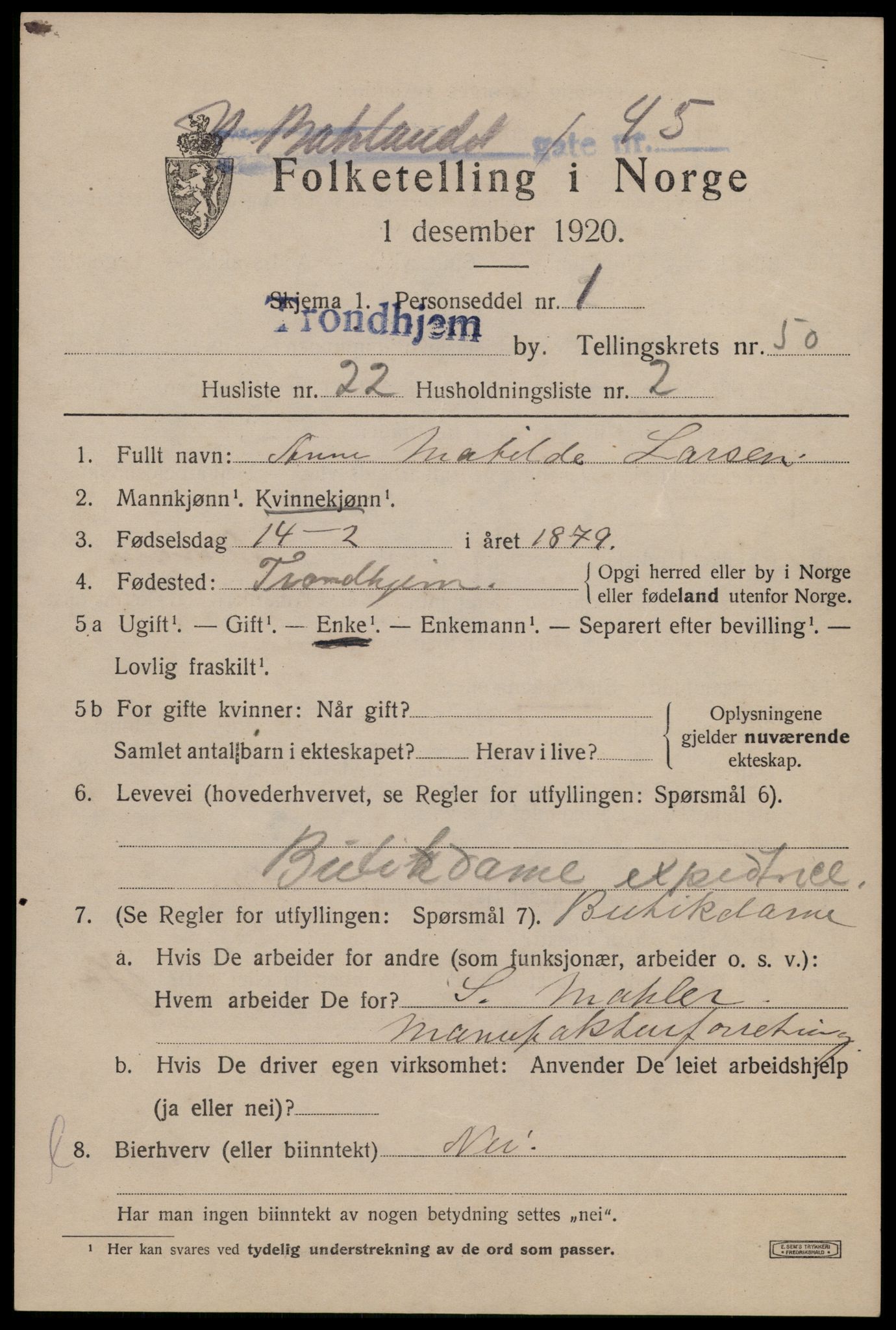 SAT, 1920 census for Trondheim, 1920, p. 101866