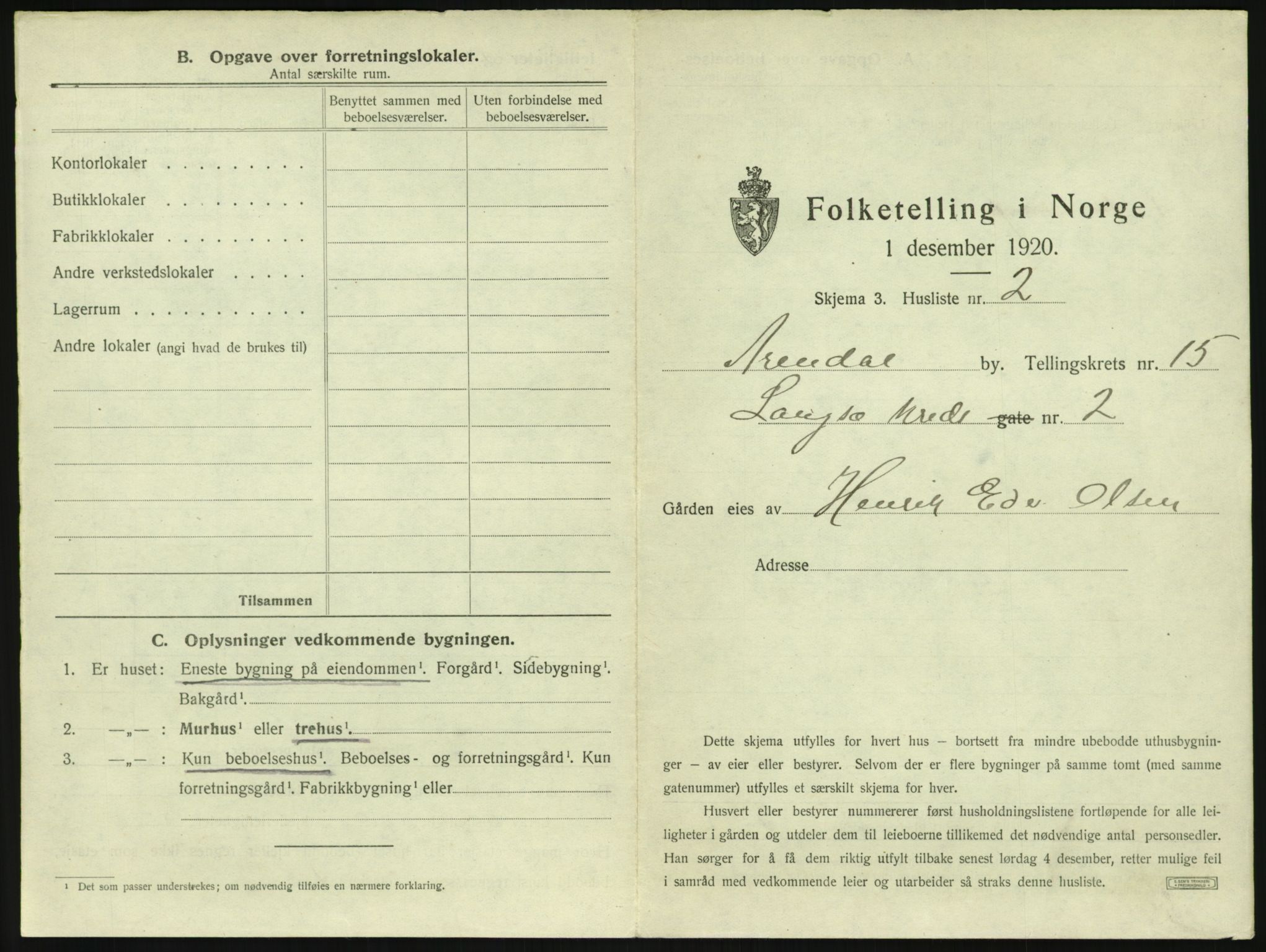 SAK, 1920 census for Arendal, 1920, p. 2180