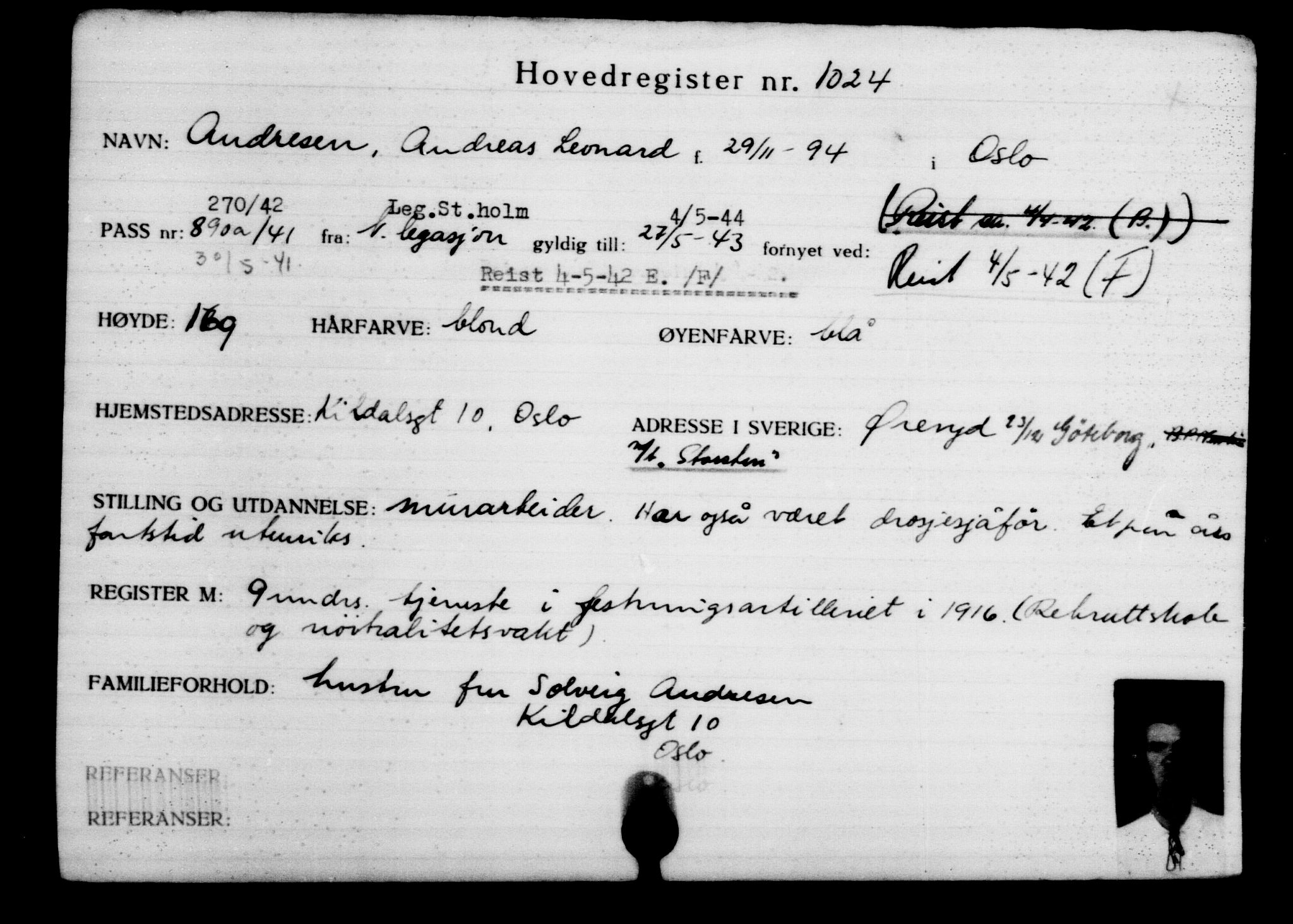 Utenriksstasjonene, Legasjonen i Stockholm, Flyktningkontoret, AV/RA-S-6753/V/Va/L0002: Kjesäterkartoteket, flyktninger med registreringsnr. 1001-2000, 1940-1945, p. 40