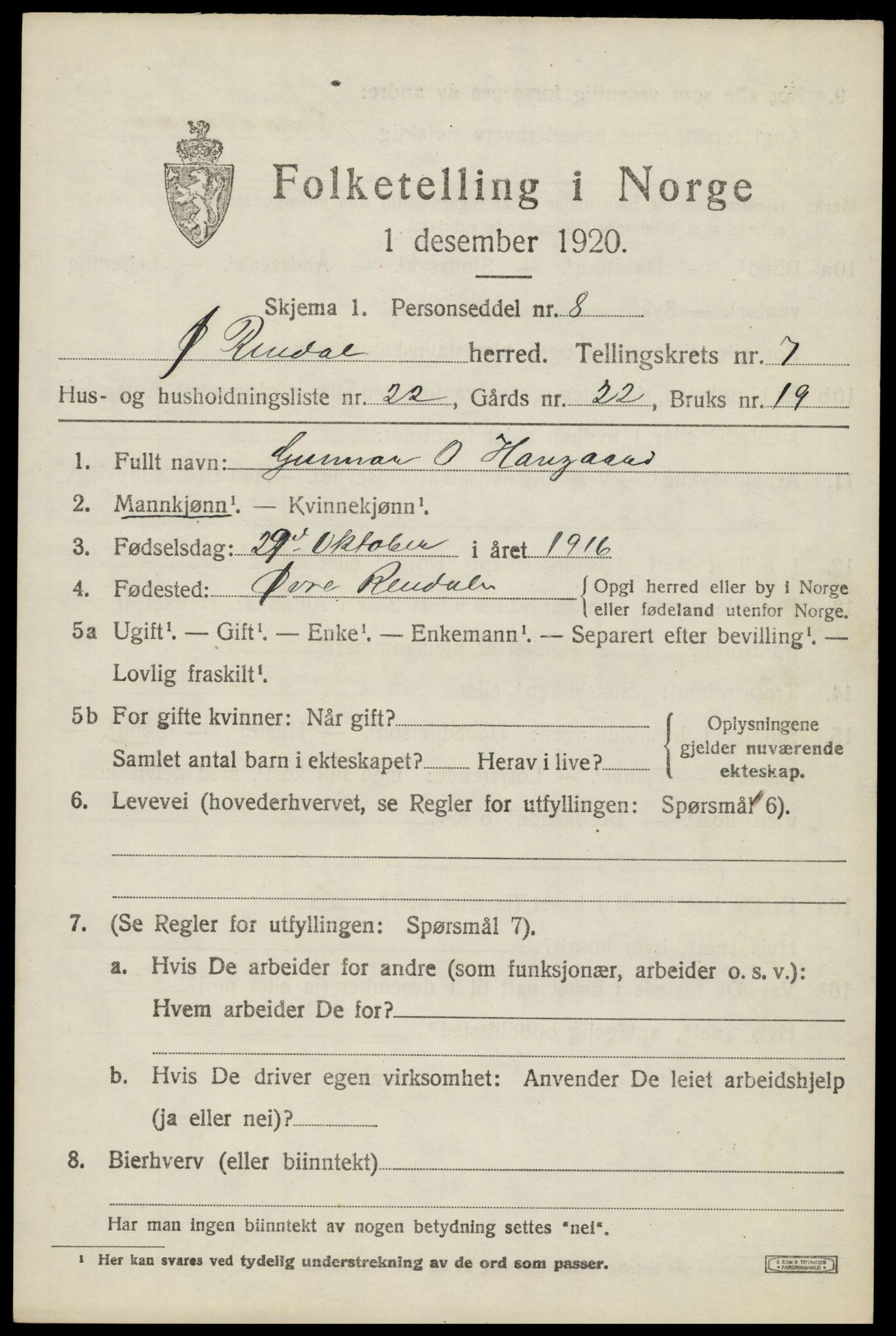 SAH, 1920 census for Øvre Rendal, 1920, p. 2675