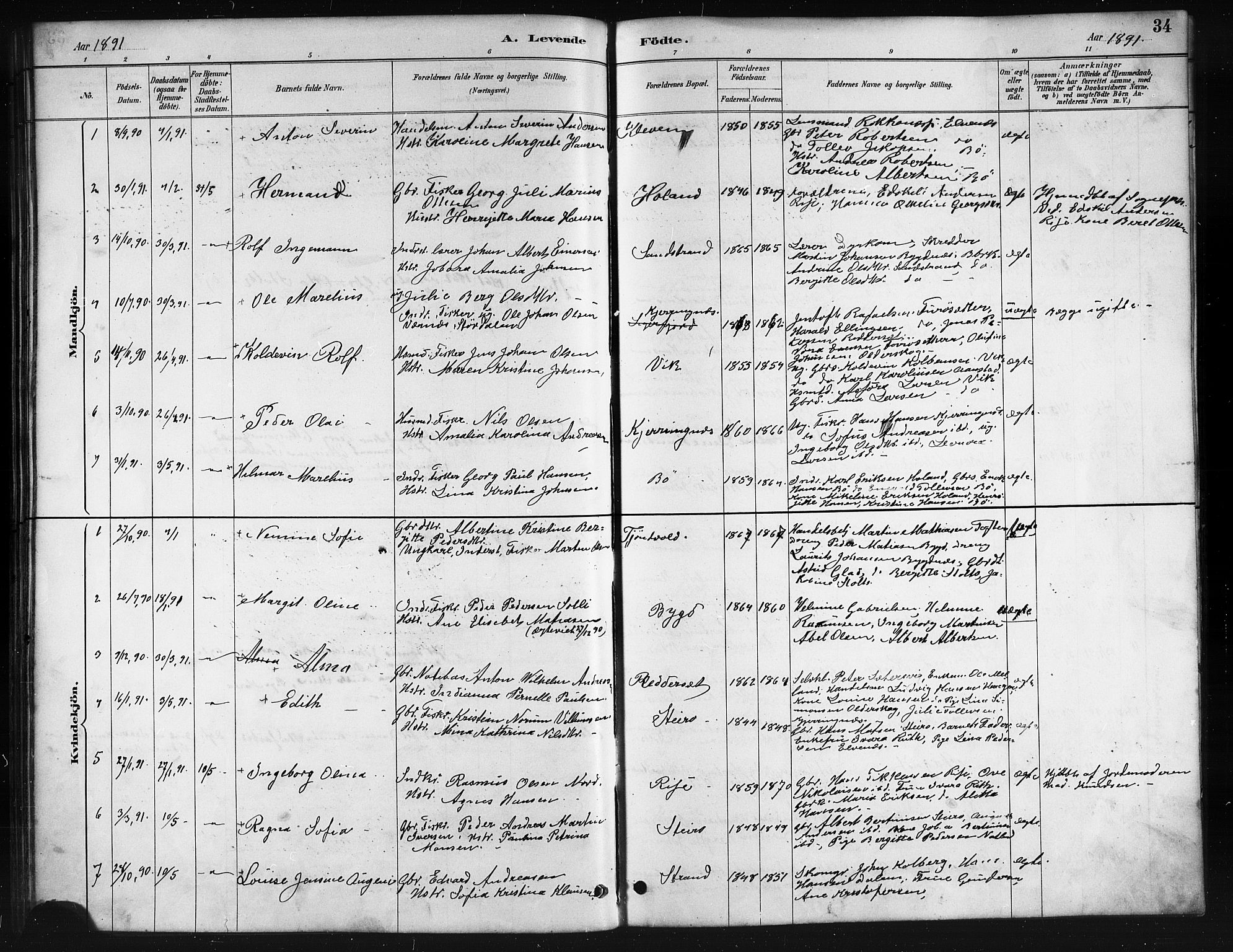 Ministerialprotokoller, klokkerbøker og fødselsregistre - Nordland, AV/SAT-A-1459/895/L1382: Parish register (copy) no. 895C04, 1885-1896, p. 34