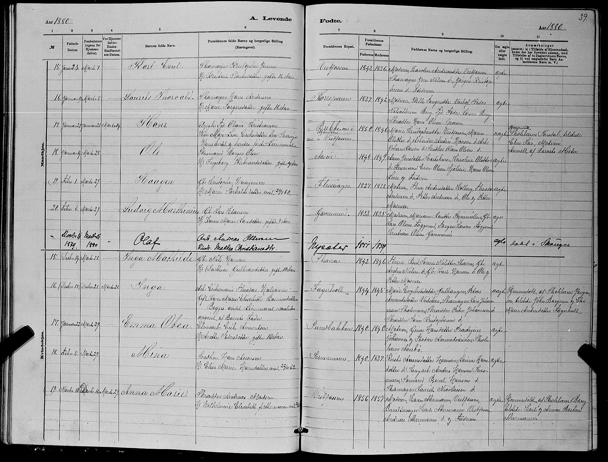 Eiker kirkebøker, AV/SAKO-A-4/G/Ga/L0005: Parish register (copy) no. I 5, 1878-1887, p. 39