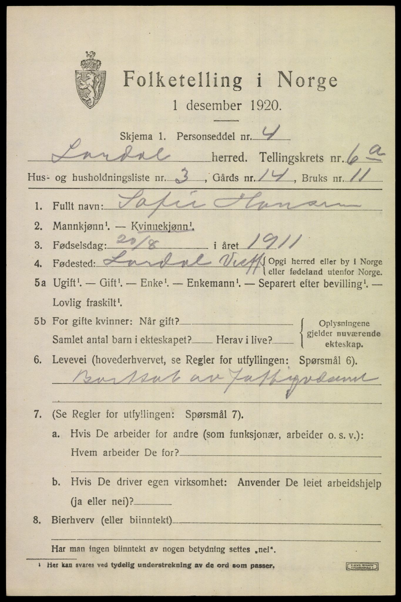 SAKO, 1920 census for Lardal, 1920, p. 5571