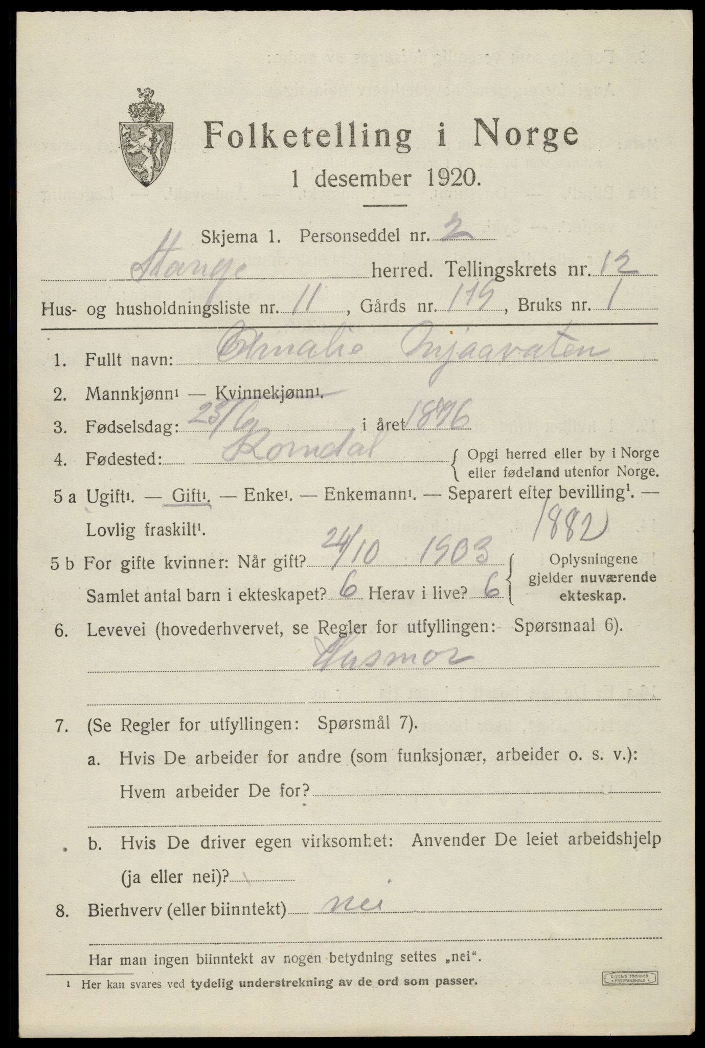 SAH, 1920 census for Stange, 1920, p. 18391