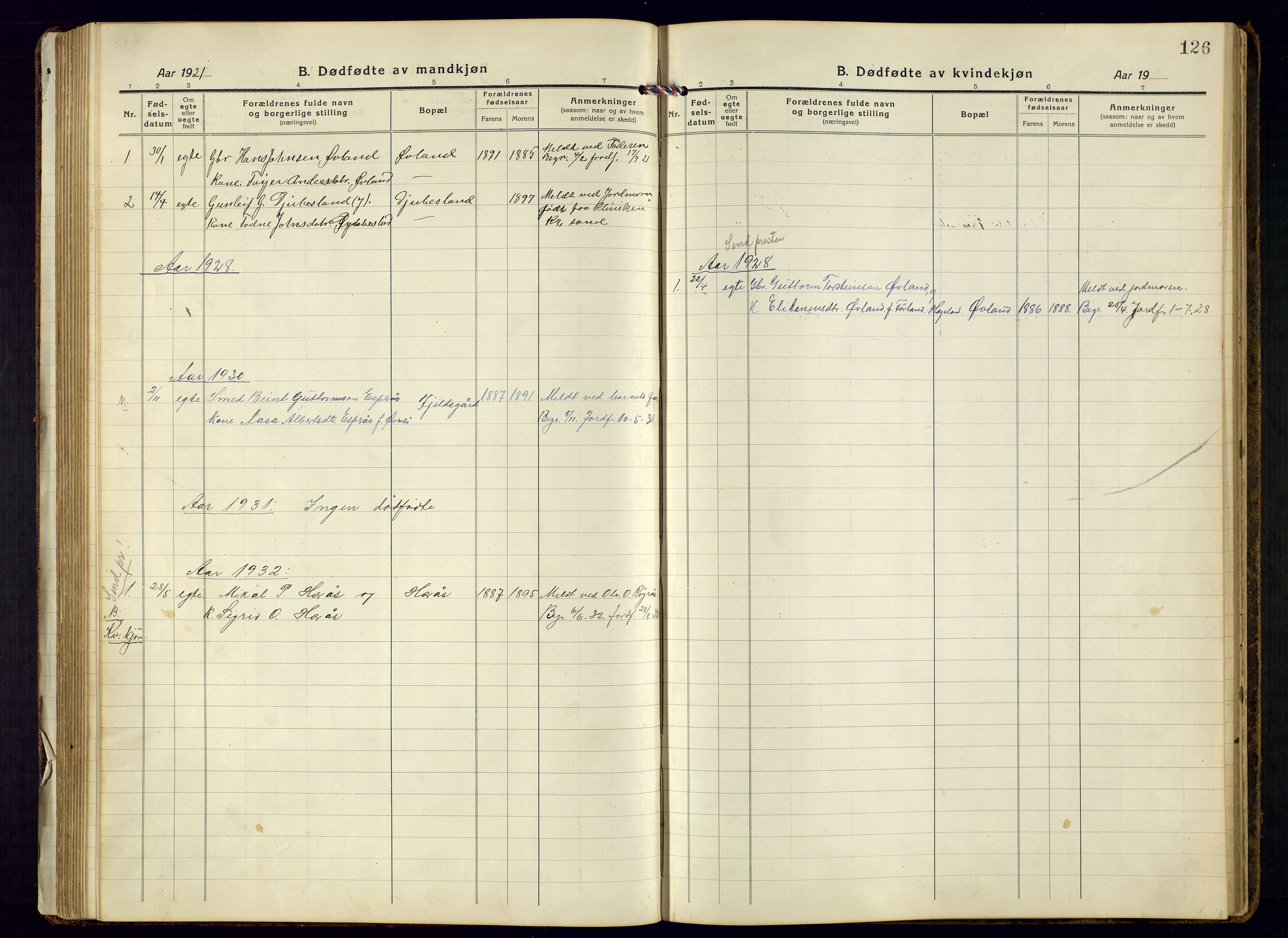 Bjelland sokneprestkontor, SAK/1111-0005/F/Fb/Fbb/L0006: Parish register (copy) no. B-6, 1918-1946, p. 126