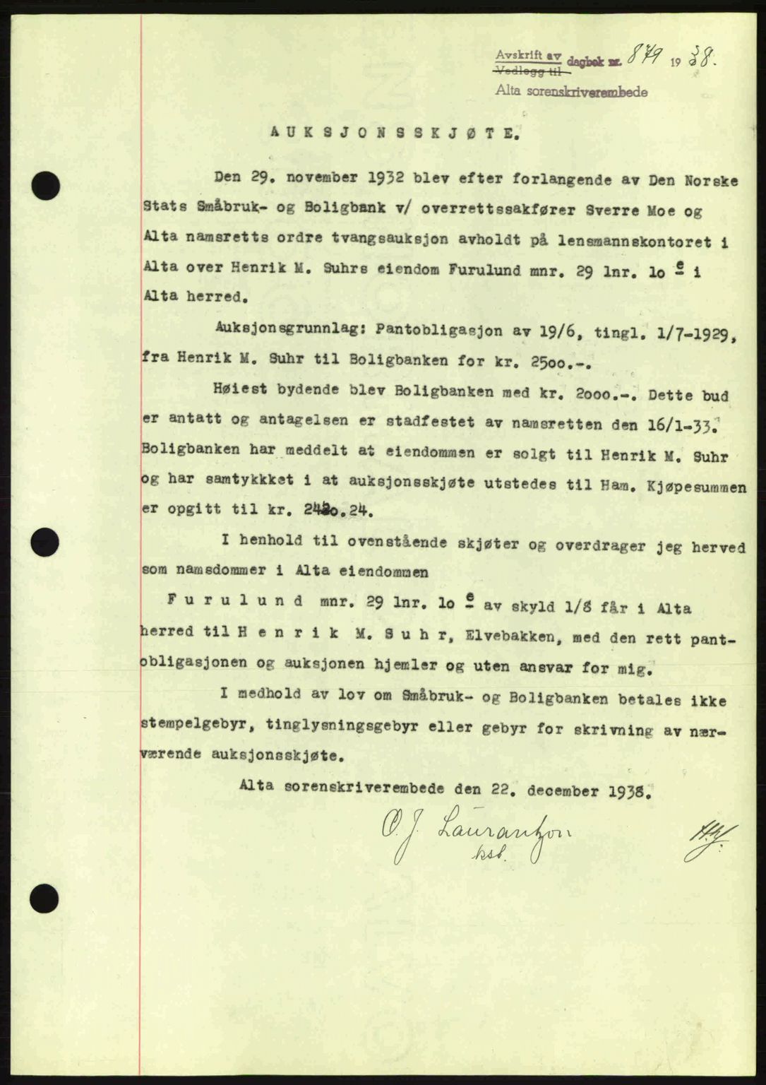 Alta fogderi/sorenskriveri, SATØ/SATØ-5/1/K/Kd/L0031pantebok: Mortgage book no. 31, 1938-1939, Diary no: : 879/1938