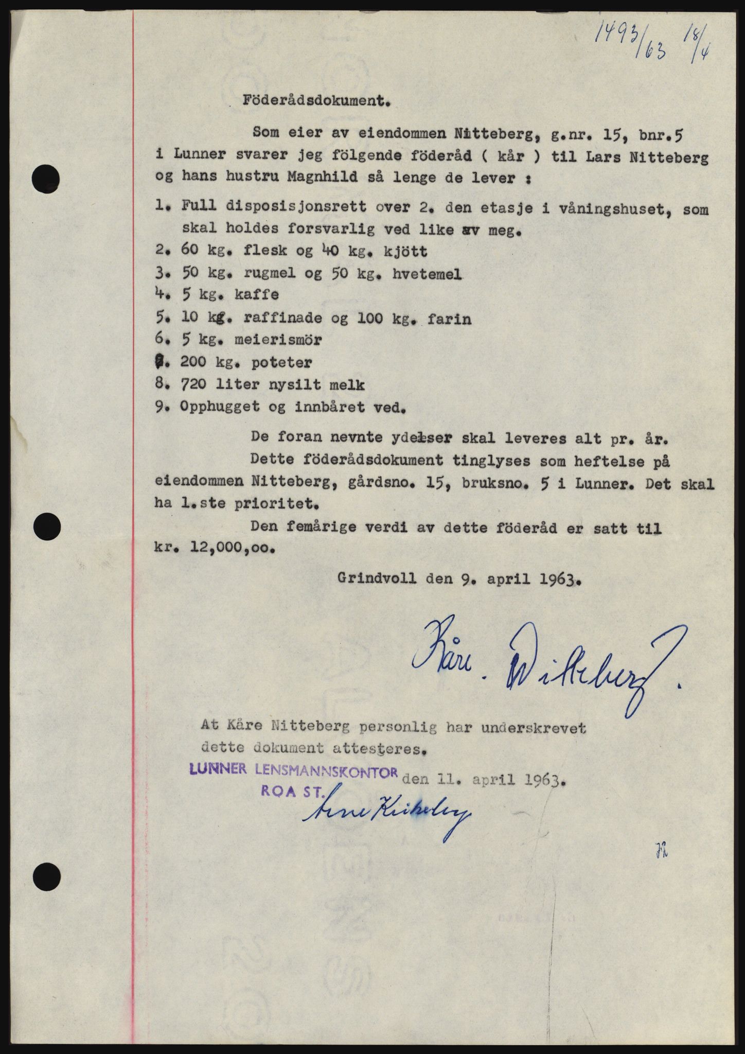 Hadeland og Land tingrett, AV/SAH-TING-010/H/Hb/Hbc/L0051: Mortgage book no. B51, 1963-1963, Diary no: : 1493/1963