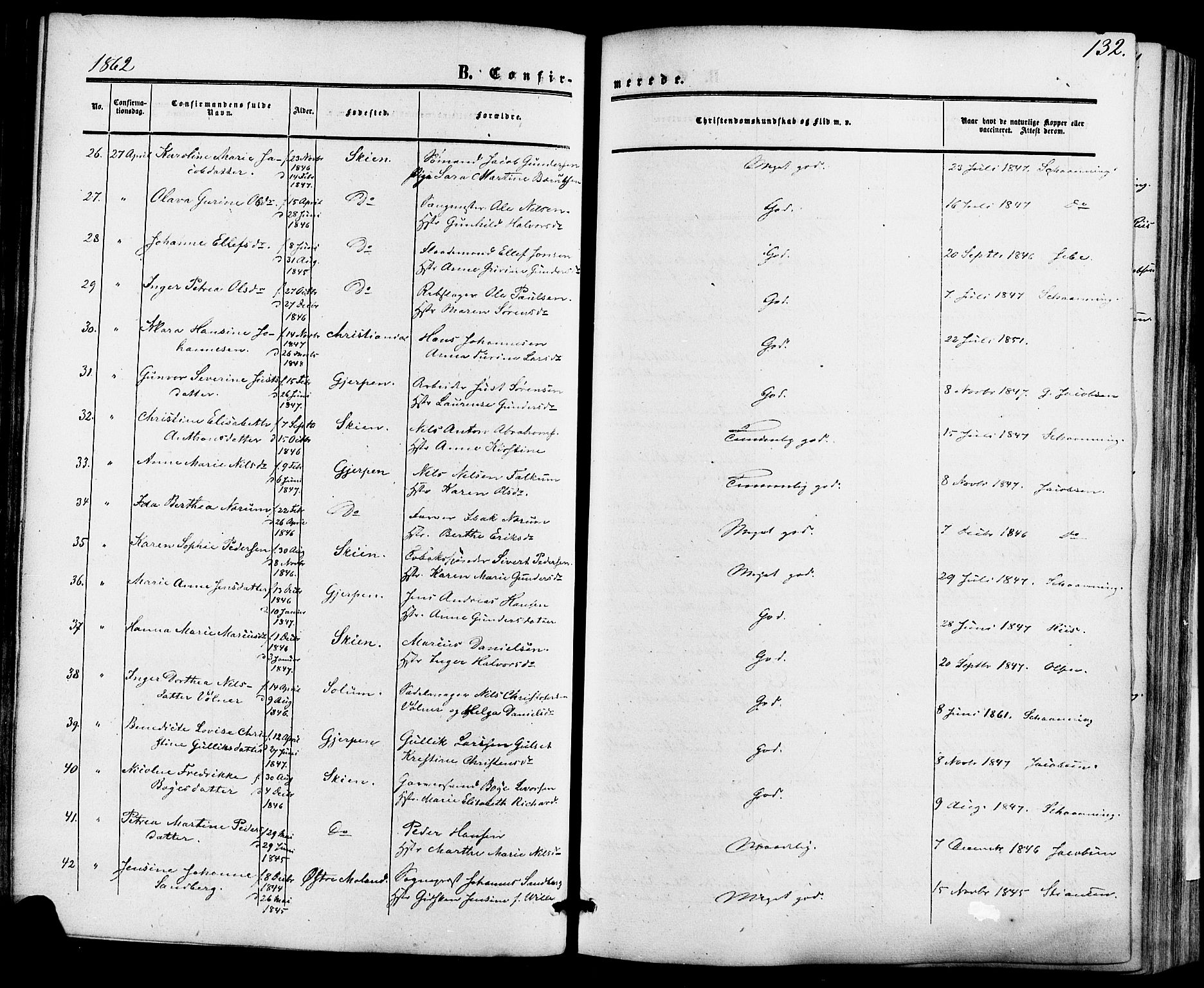 Skien kirkebøker, AV/SAKO-A-302/F/Fa/L0007: Parish register (official) no. 7, 1856-1865, p. 132