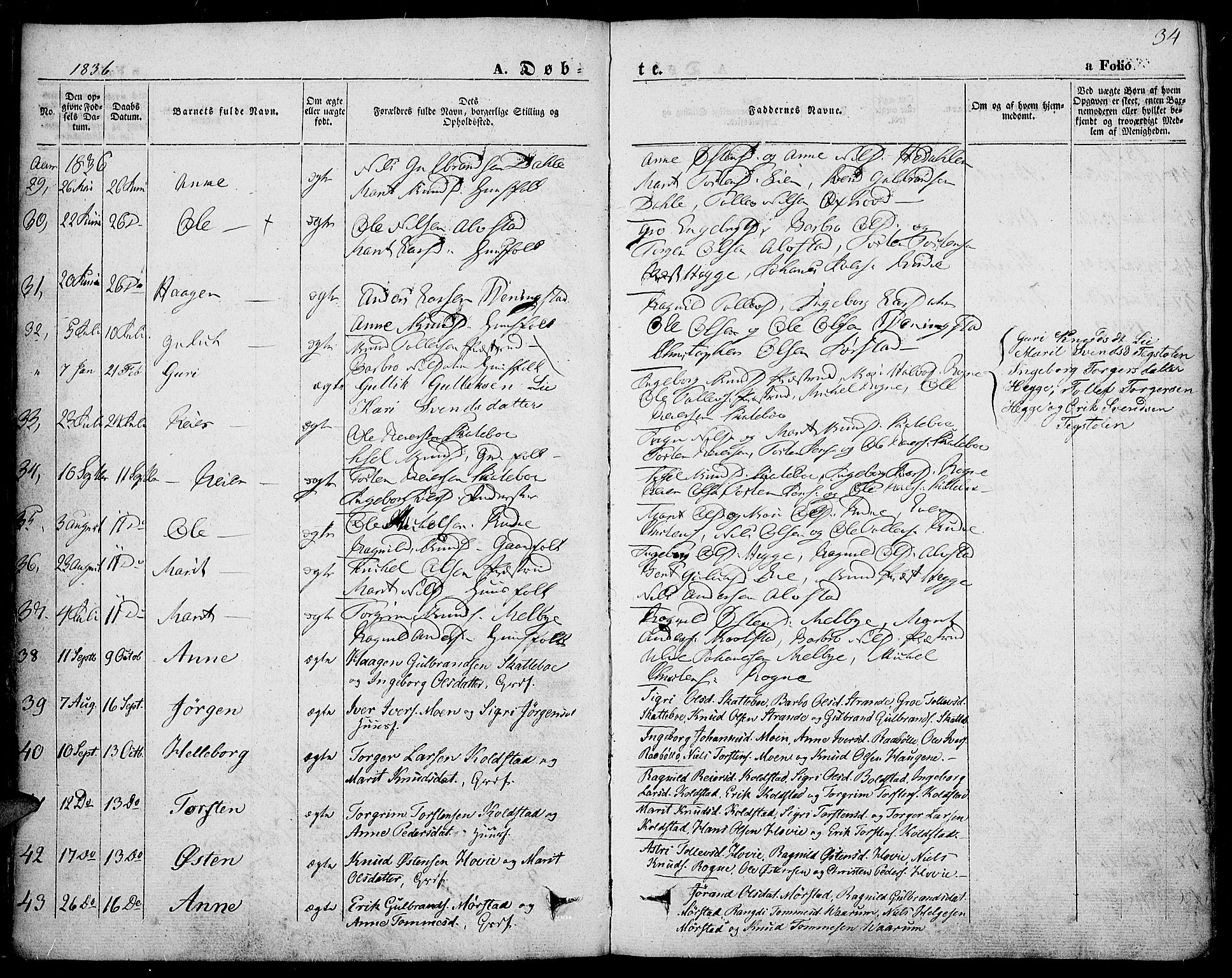 Slidre prestekontor, SAH/PREST-134/H/Ha/Haa/L0004: Parish register (official) no. 4, 1831-1848, p. 34
