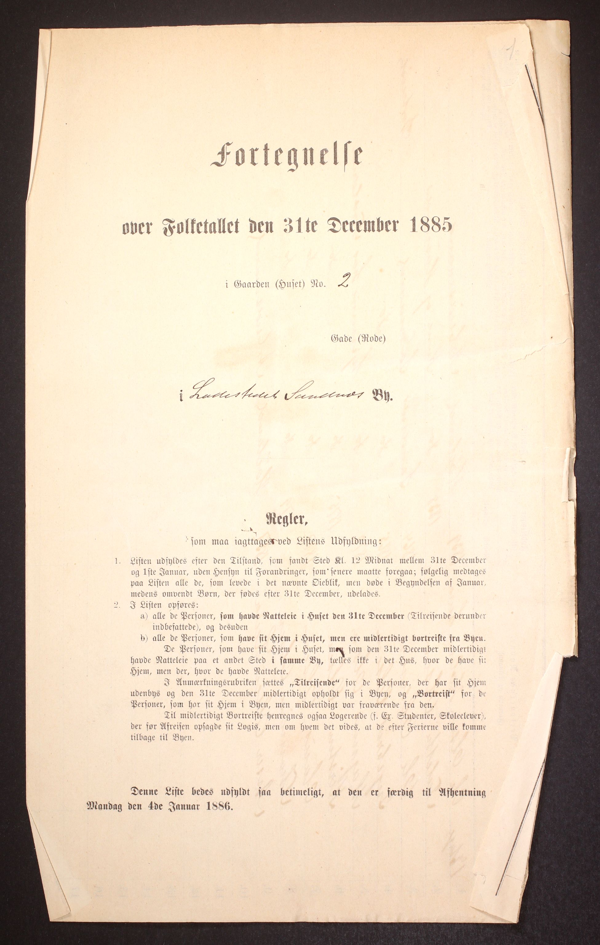 SAST, 1885 census for 1102 Sandnes, 1885, p. 1a