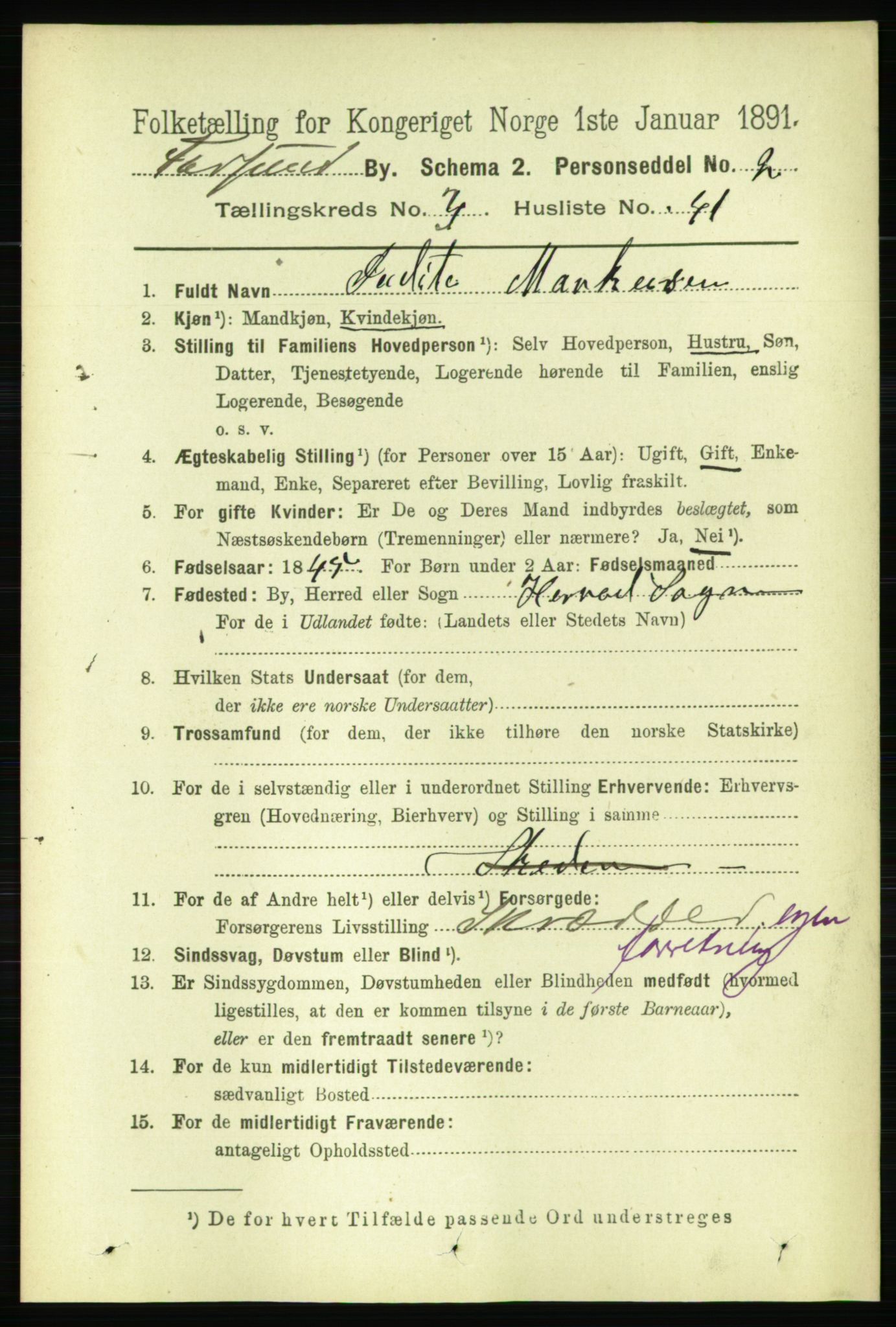 RA, 1891 census for 1003 Farsund, 1891, p. 1618