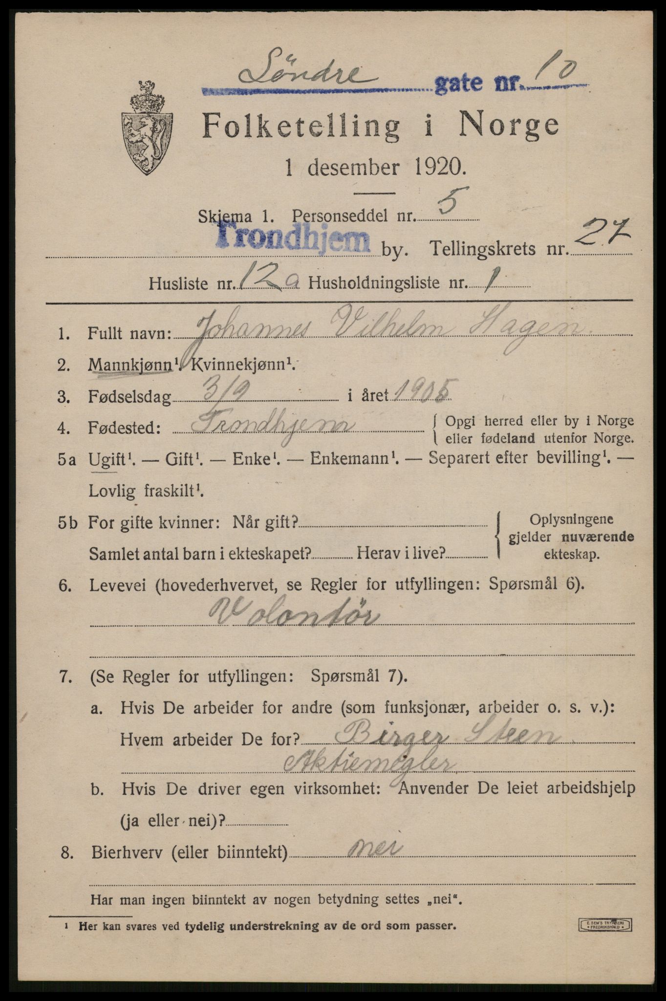 SAT, 1920 census for Trondheim, 1920, p. 70064