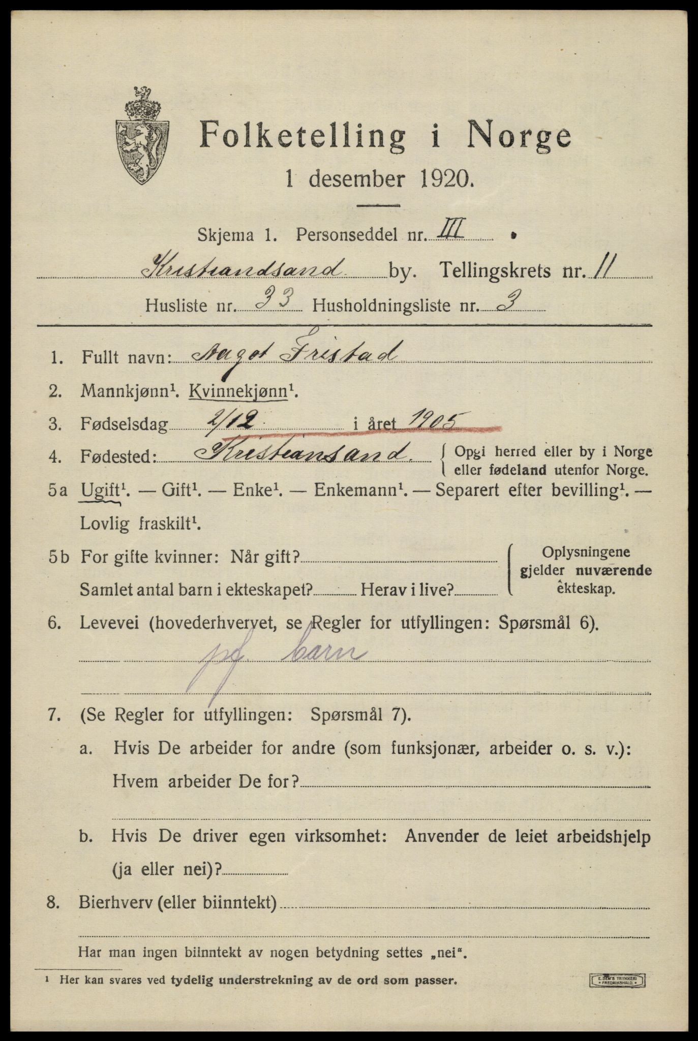 SAK, 1920 census for Kristiansand, 1920, p. 25295