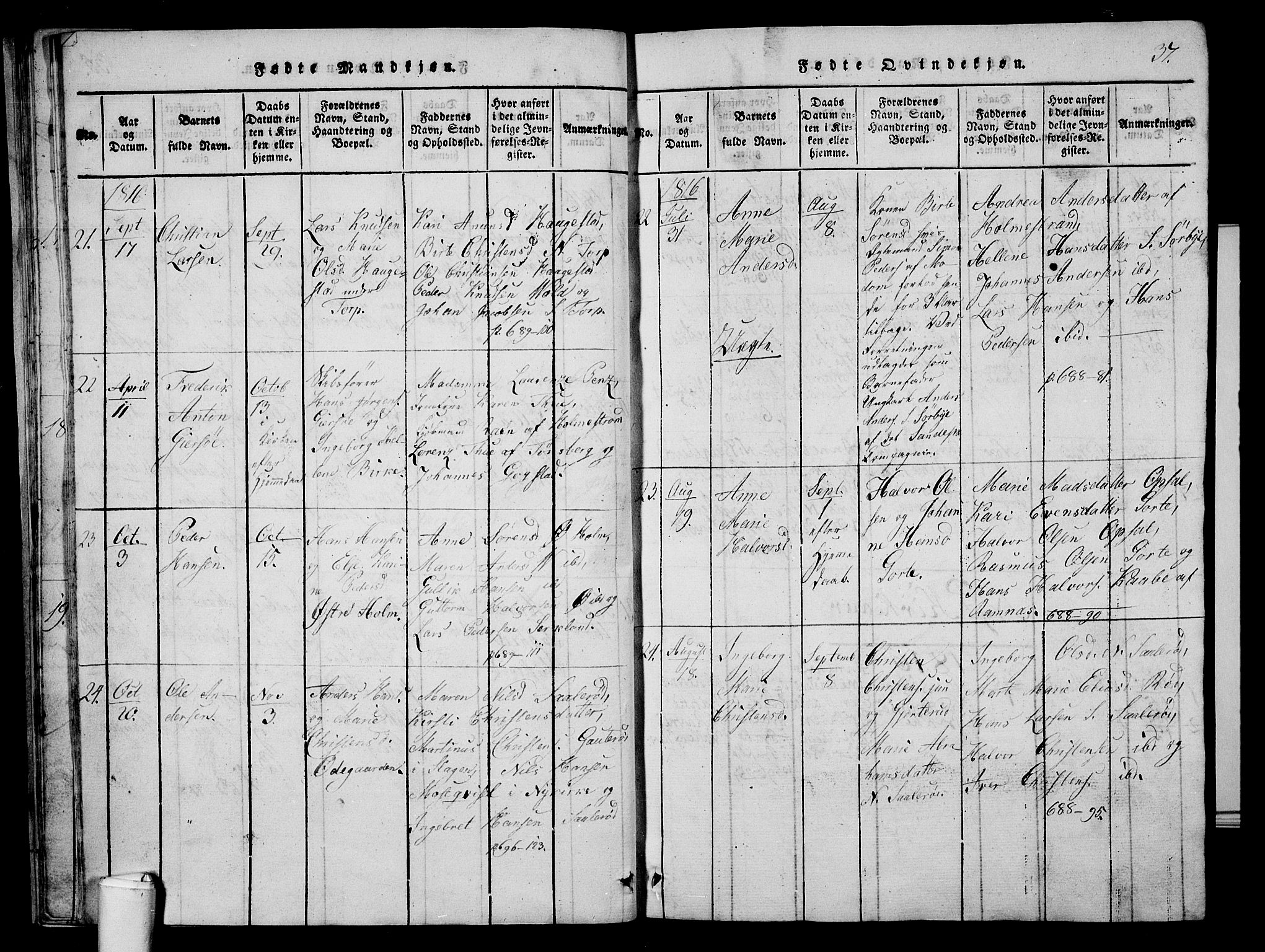 Våle kirkebøker, AV/SAKO-A-334/G/Ga/L0001: Parish register (copy) no. I 1, 1814-1824, p. 36-37