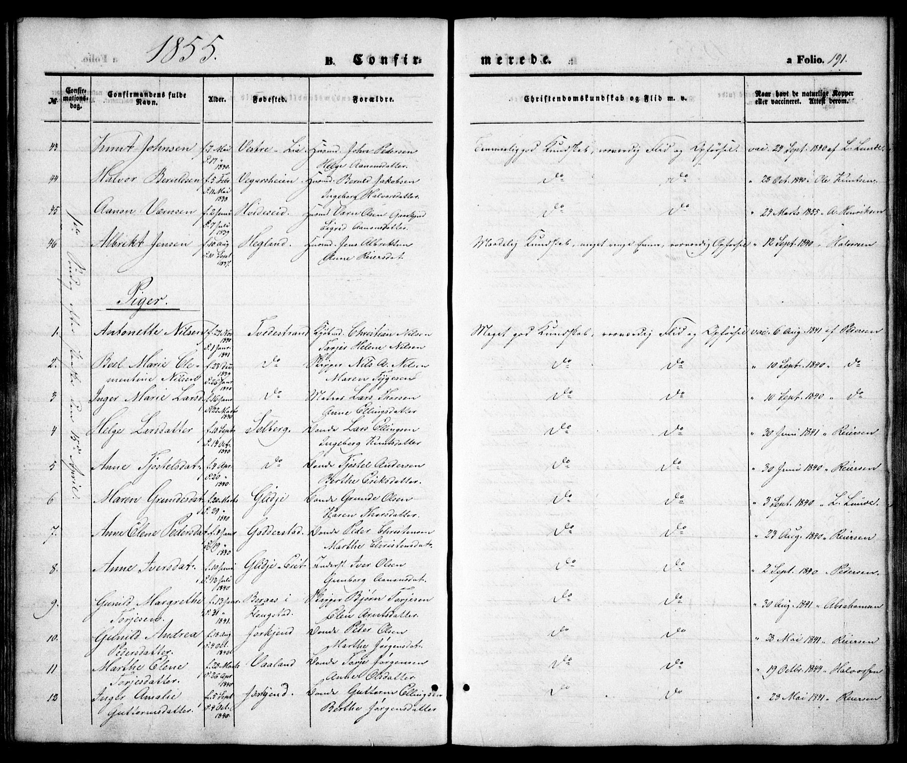 Holt sokneprestkontor, SAK/1111-0021/F/Fa/L0008: Parish register (official) no. A 8, 1849-1860, p. 191