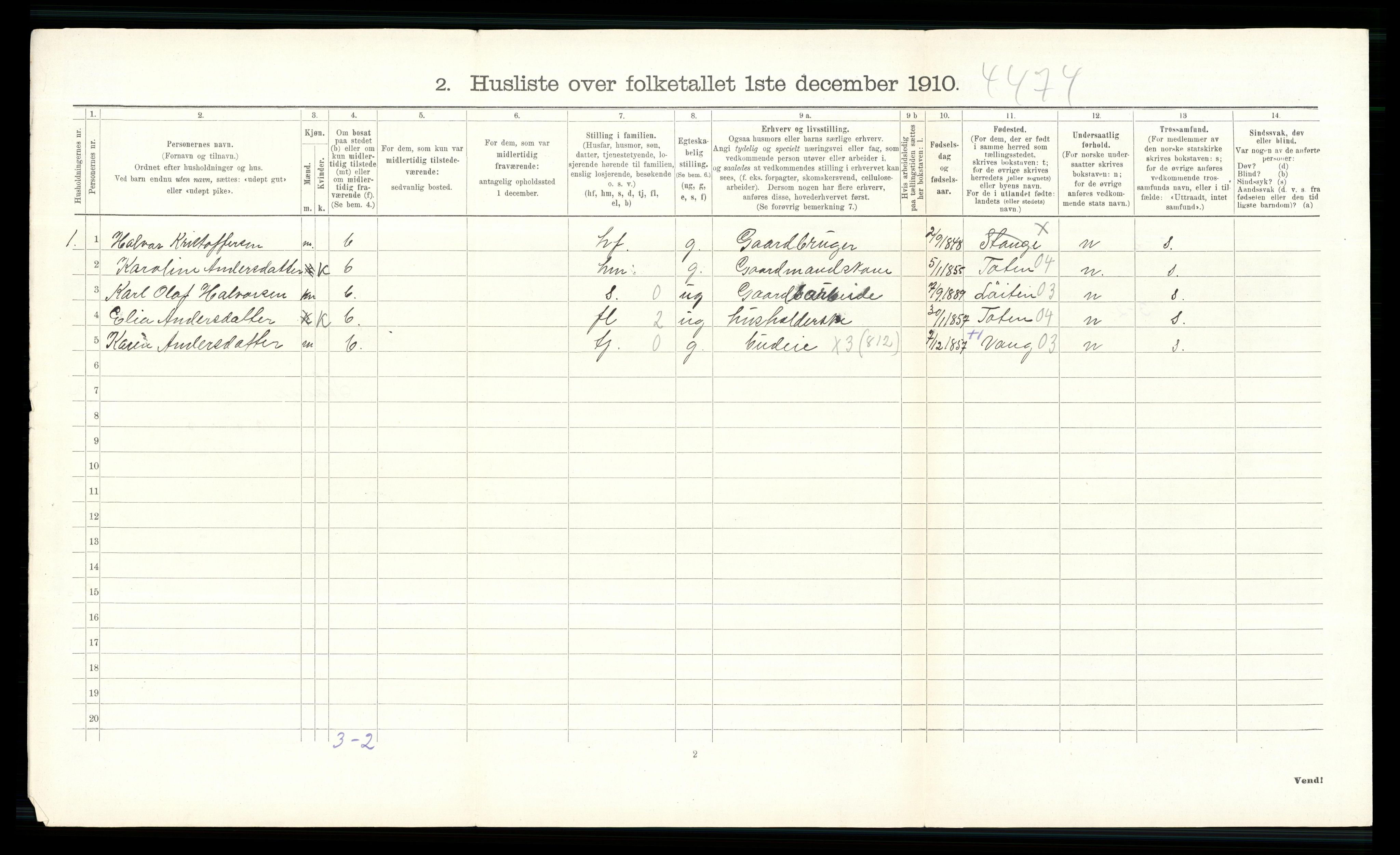 RA, 1910 census for Stange, 1910, p. 1543