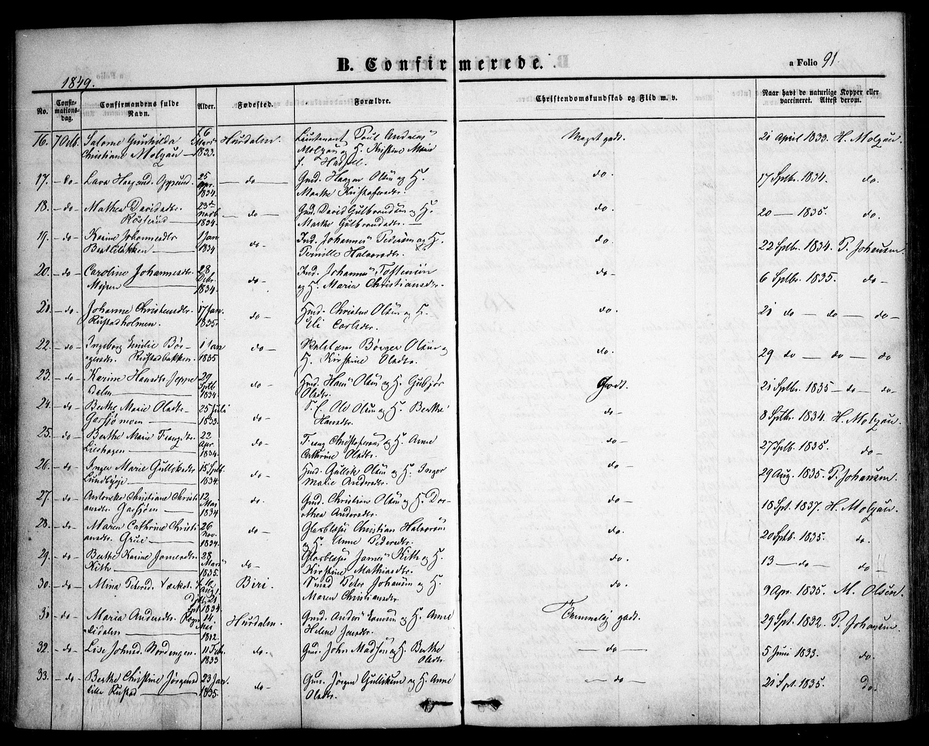 Hurdal prestekontor Kirkebøker, SAO/A-10889/F/Fa/L0005: Parish register (official) no. I 5, 1846-1859, p. 91