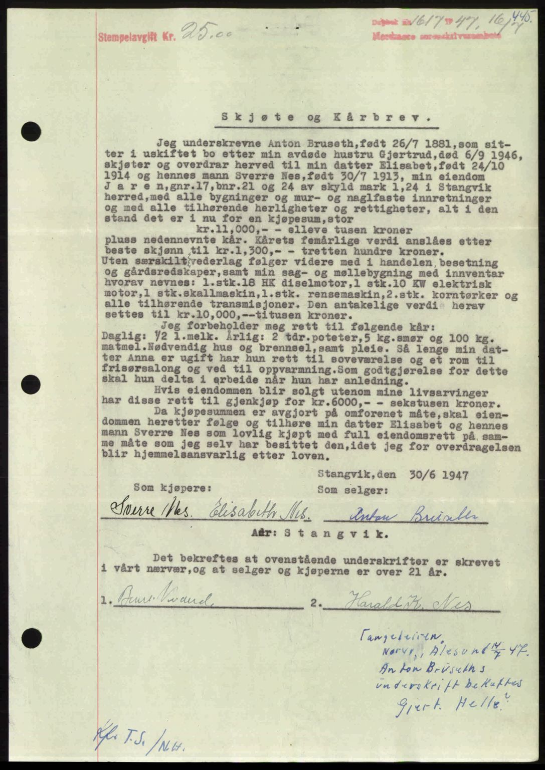 Nordmøre sorenskriveri, AV/SAT-A-4132/1/2/2Ca: Mortgage book no. A105, 1947-1947, Diary no: : 1617/1947