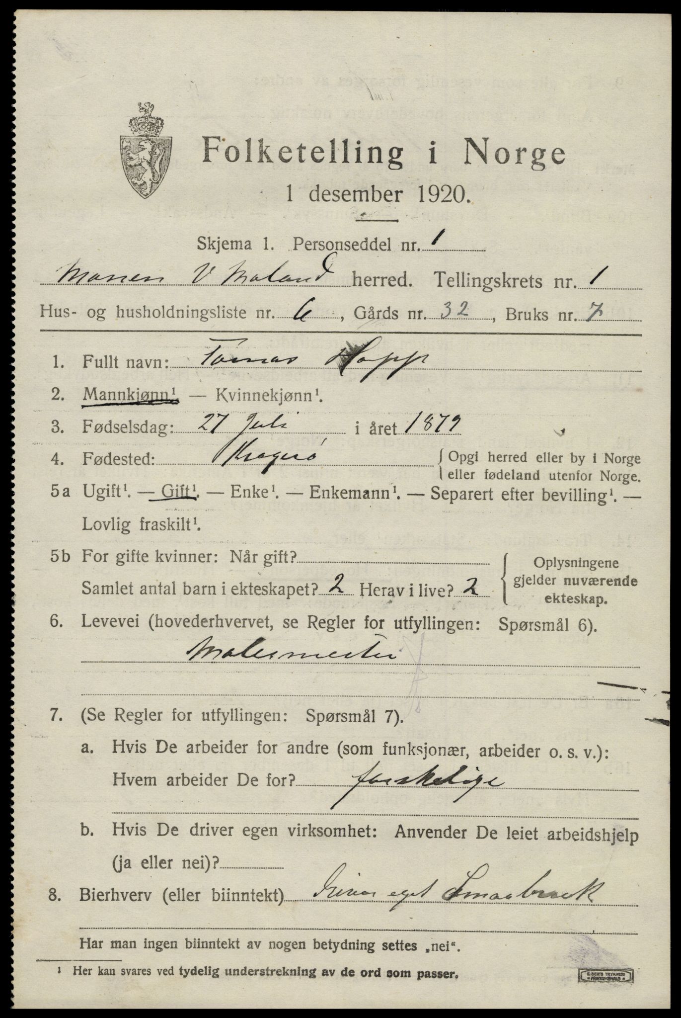 SAK, 1920 census for Vestre Moland, 1920, p. 1101