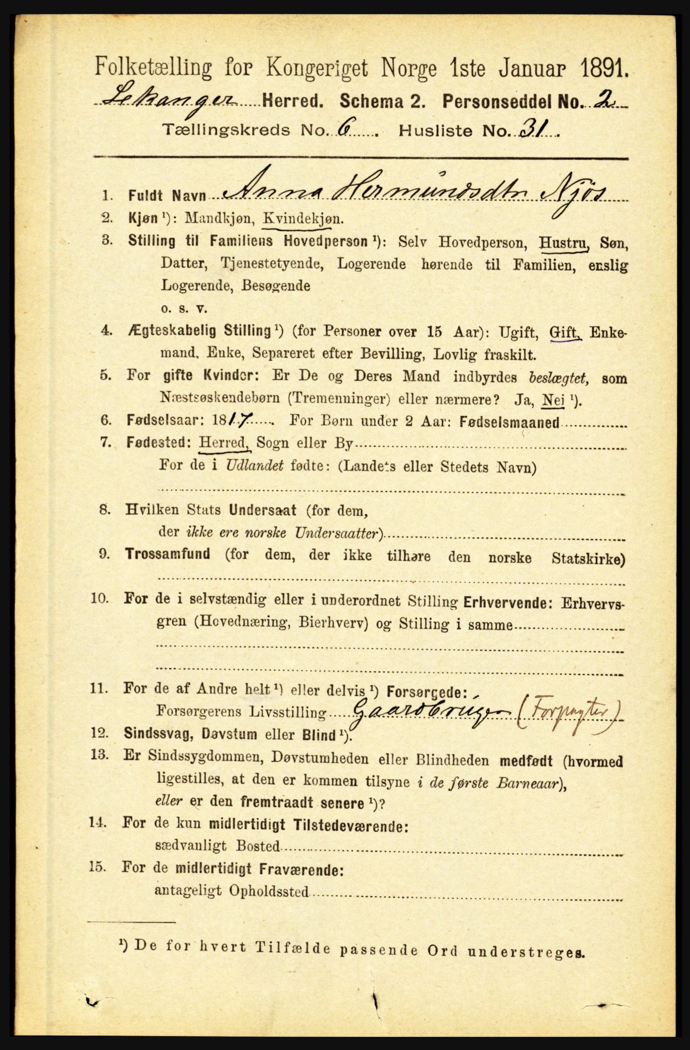 RA, 1891 census for 1419 Leikanger, 1891, p. 1295