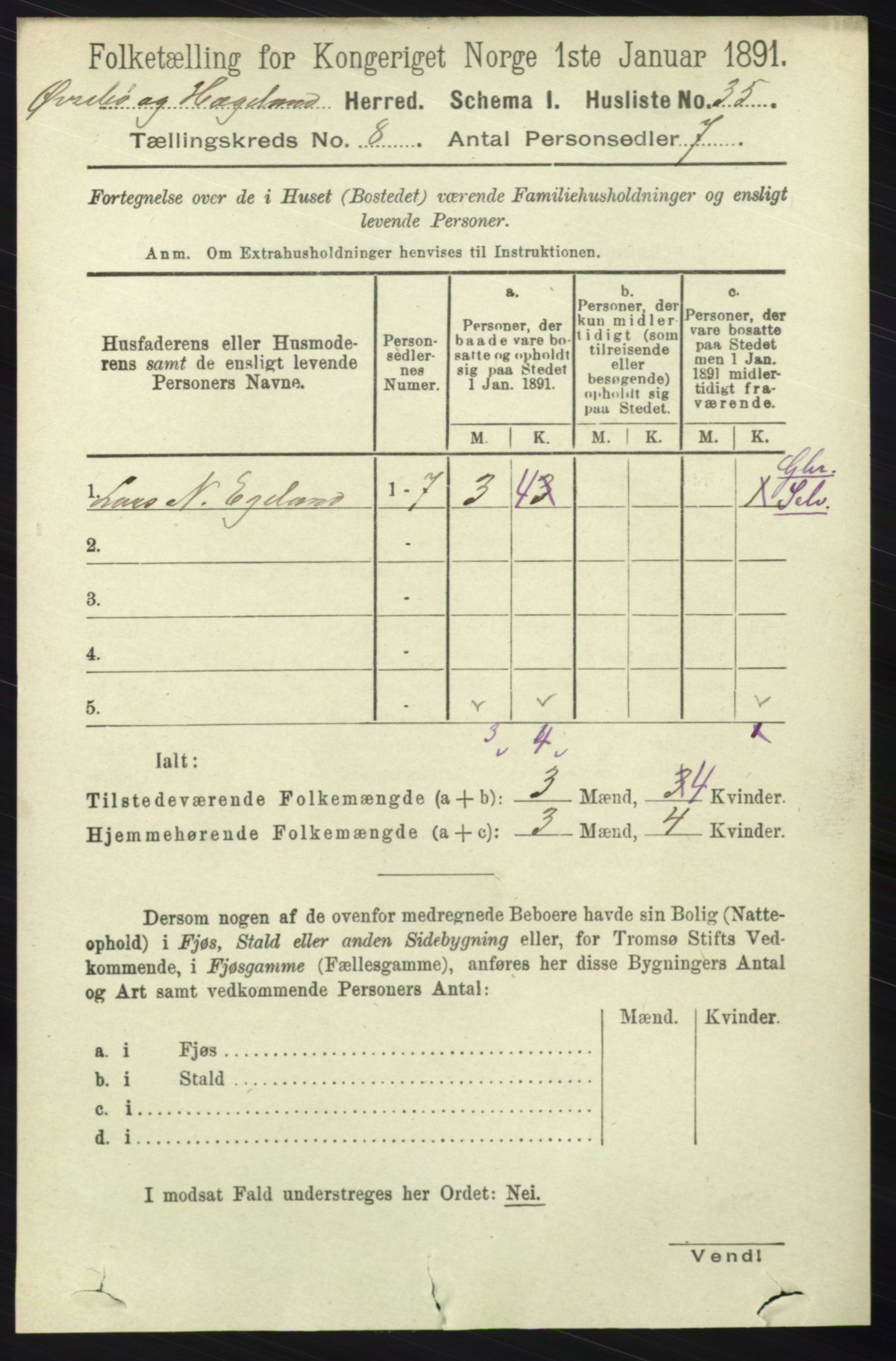 RA, 1891 census for 1016 Øvrebø og Hægeland, 1891, p. 1467