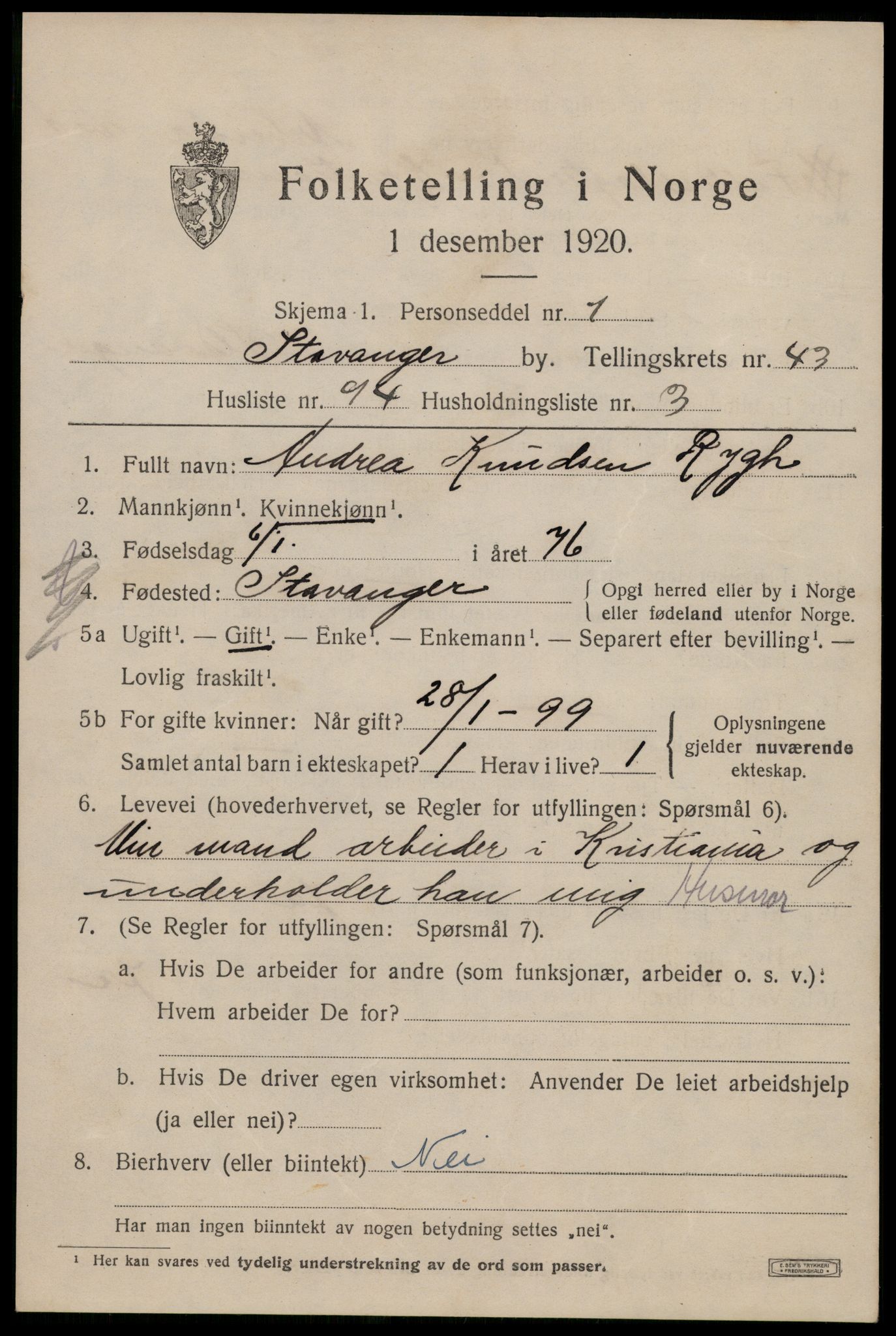 SAST, 1920 census for Stavanger, 1920, p. 108506